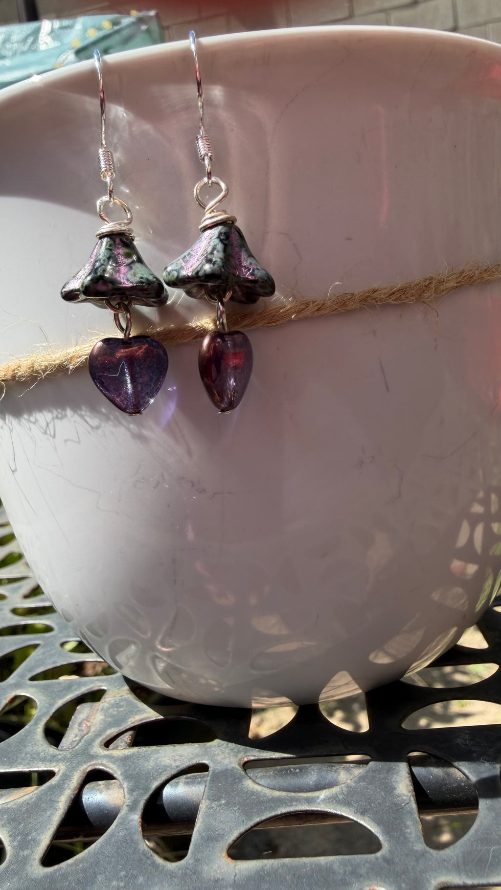 Purple Bellflower Heart Drops | Fuchsia Accent Czech Glass Dangle Earrings
