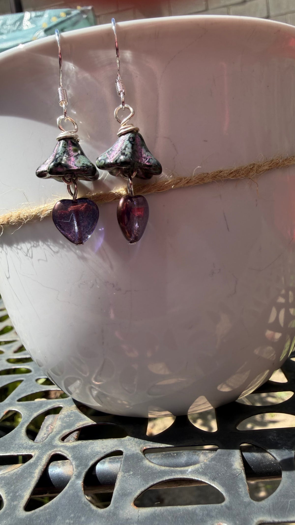 Purple Bellflower Heart Drops | Fuchsia Accent Czech Glass Dangle Earrings