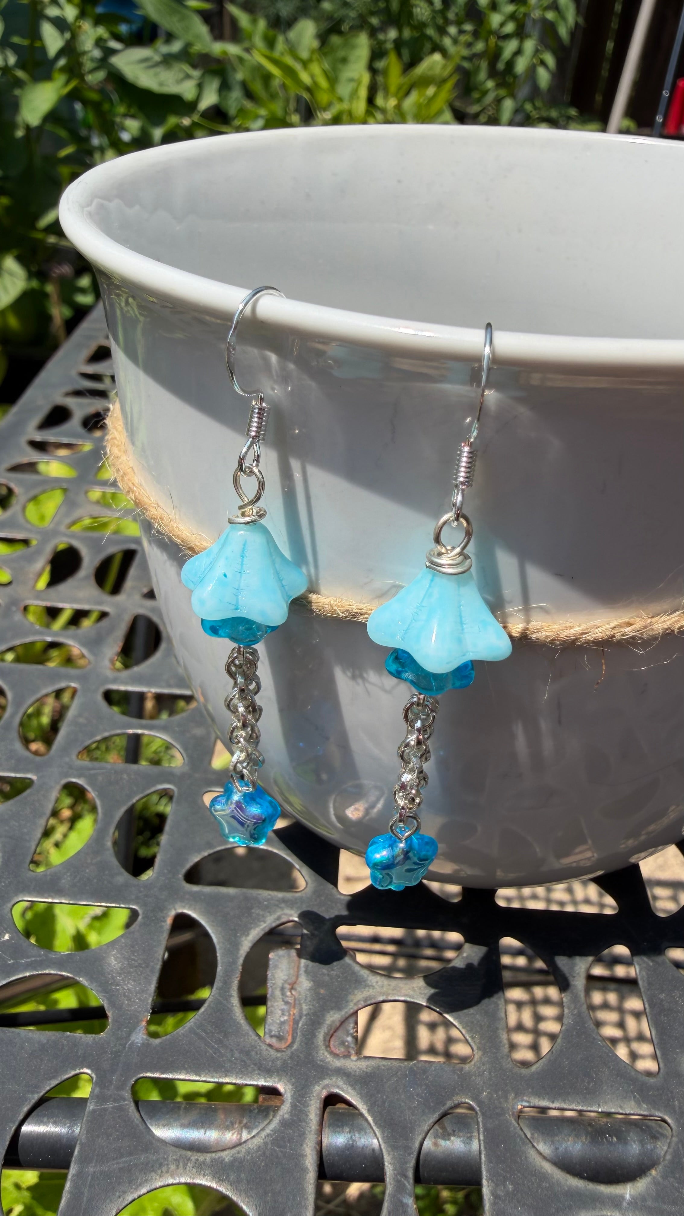 Czech Glass Light Blue Bellflower Earrings – Star AB Iridescent Floral Dangles