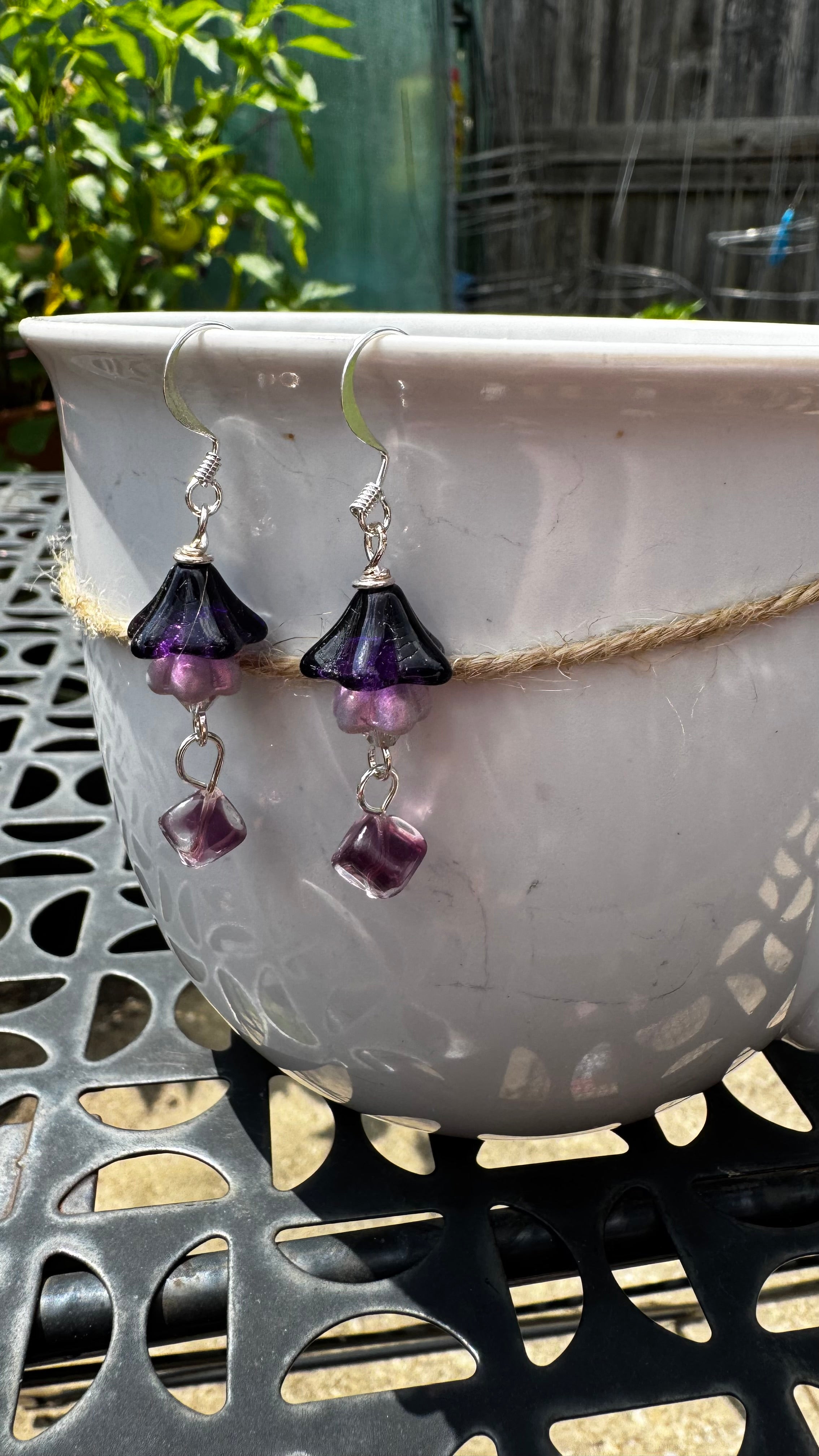 Purple Czech Glass Bell Flower Earrings – Handmade Silver Dangle with Rare Cube Beads | Boho Floral Gift for Her