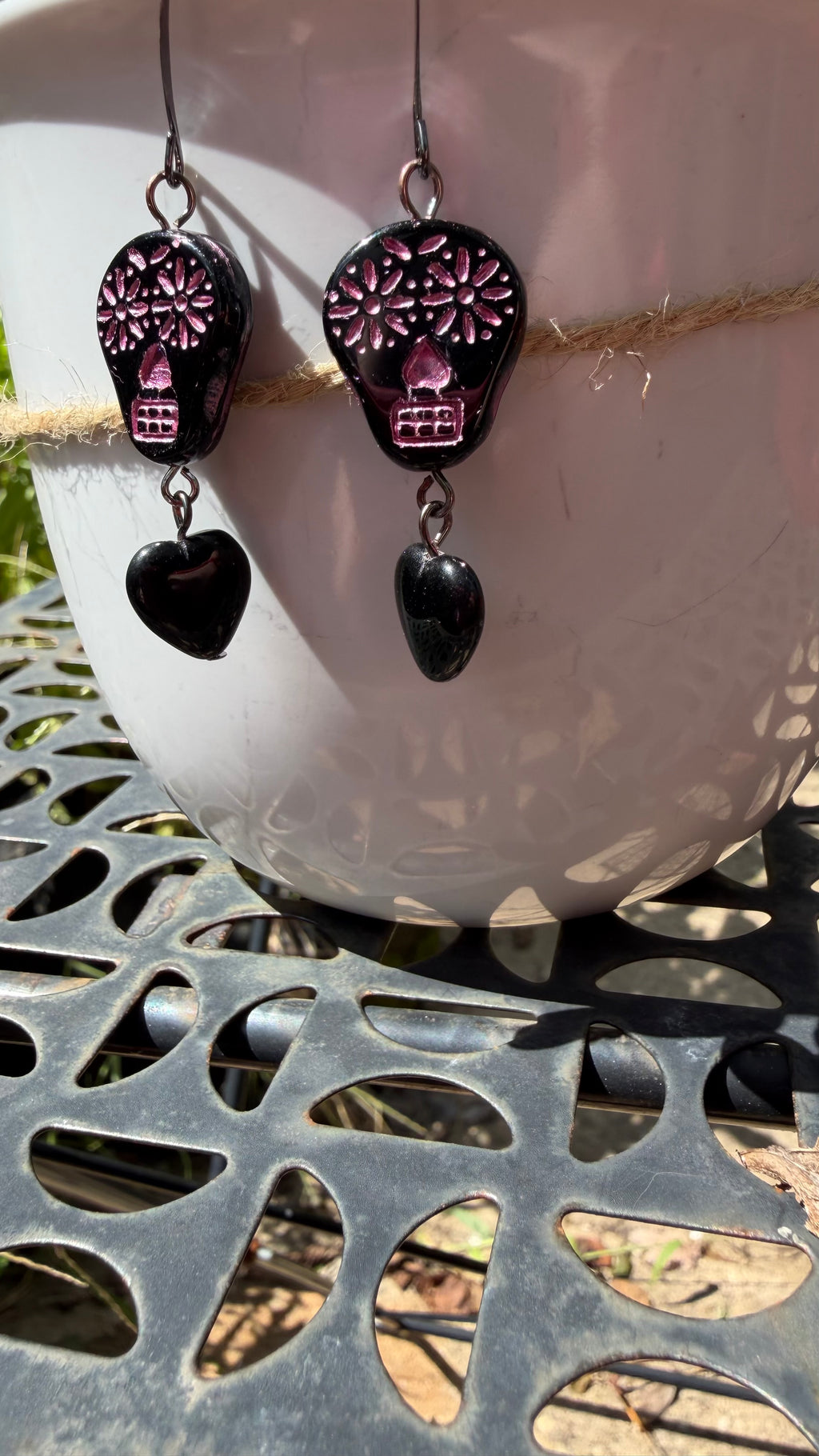 Black and Pink Sugar Skull Heart Earrings