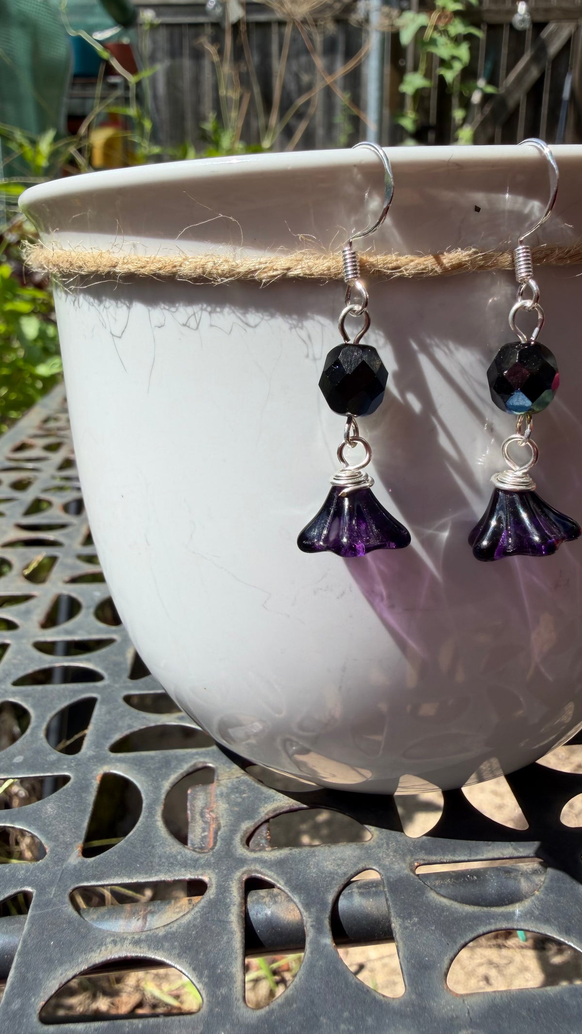 Purple Bellflower Drops | Jet Black AB Amethyst Czech Glass Dangle Earrings