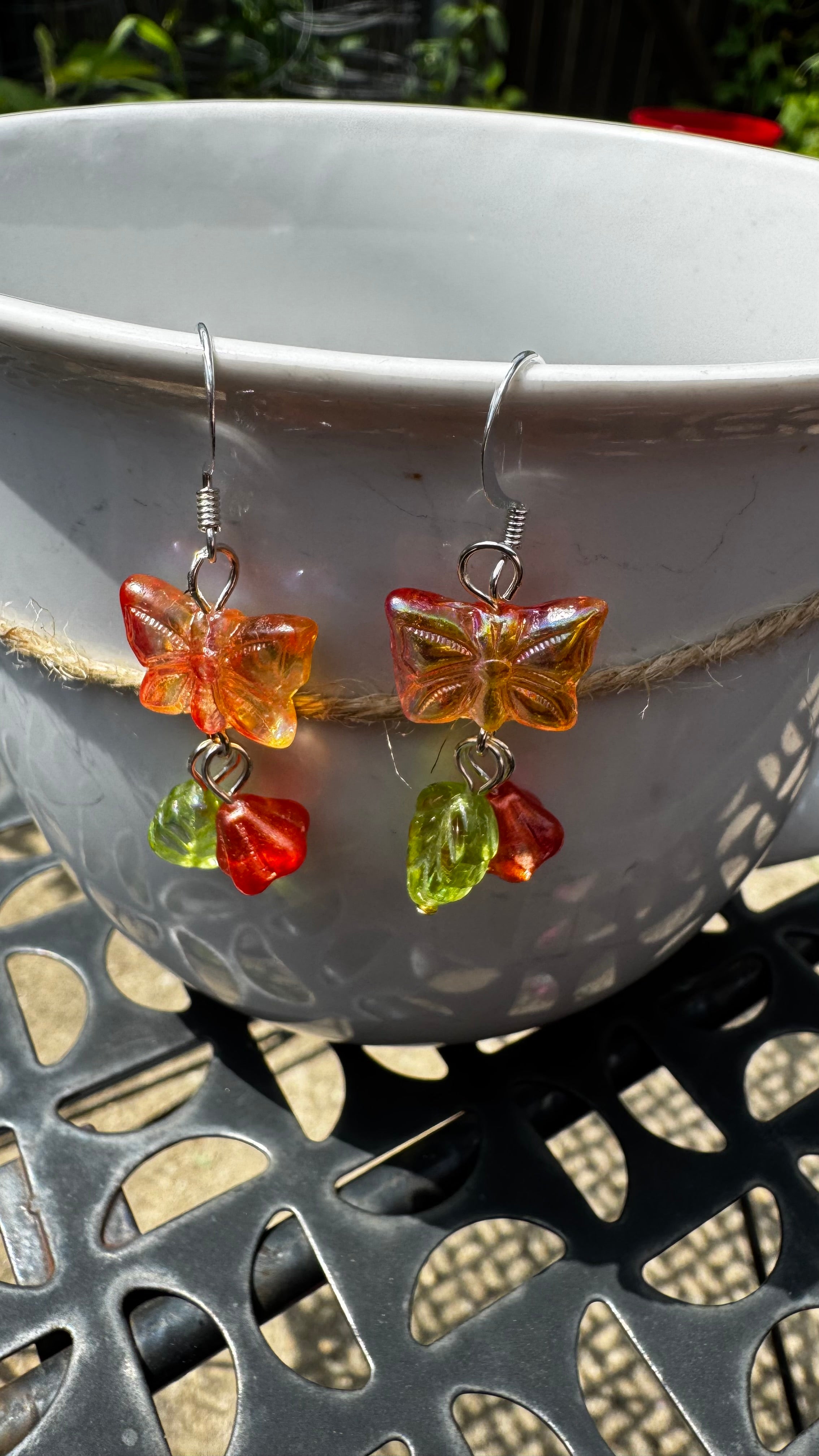Orange Czech Glass Butterfly Earrings – Handmade Floral Dangle Earrings with Bell Flower Beads | Nature Inspired Jewelry Gift for Her