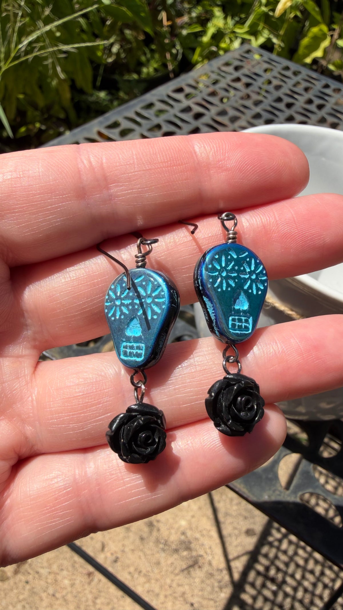 Metallic Blue Sugar Skull Rose Earrings