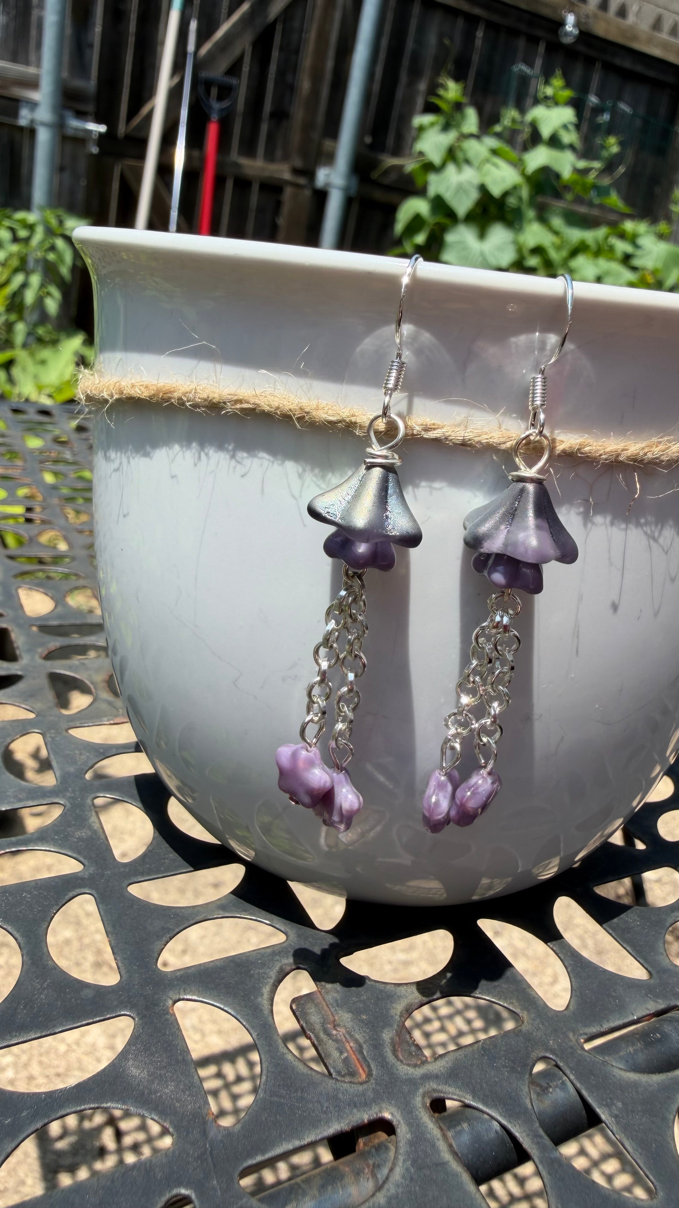Czech Glass Purple Bellflower Earrings – Iridescent AB Floral Star Dangles