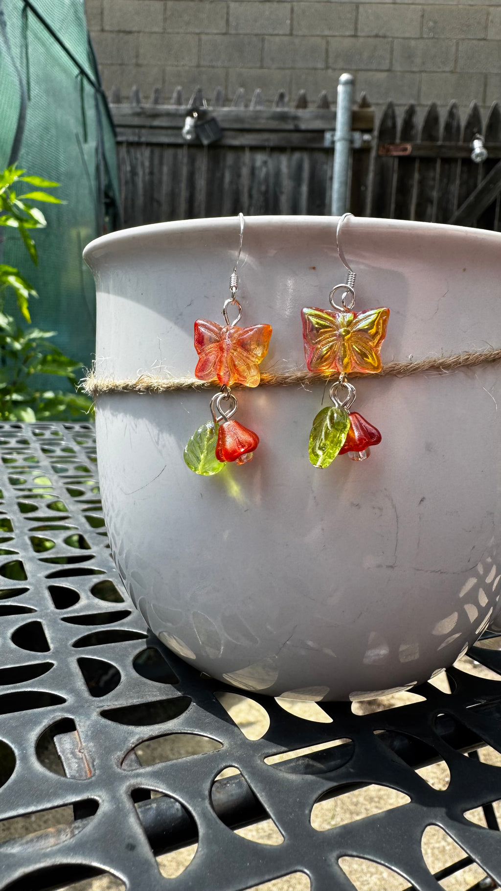 Orange Czech Glass Butterfly Earrings – Handmade Floral Dangle Earrings with Bell Flower Beads | Nature Inspired Jewelry Gift for Her
