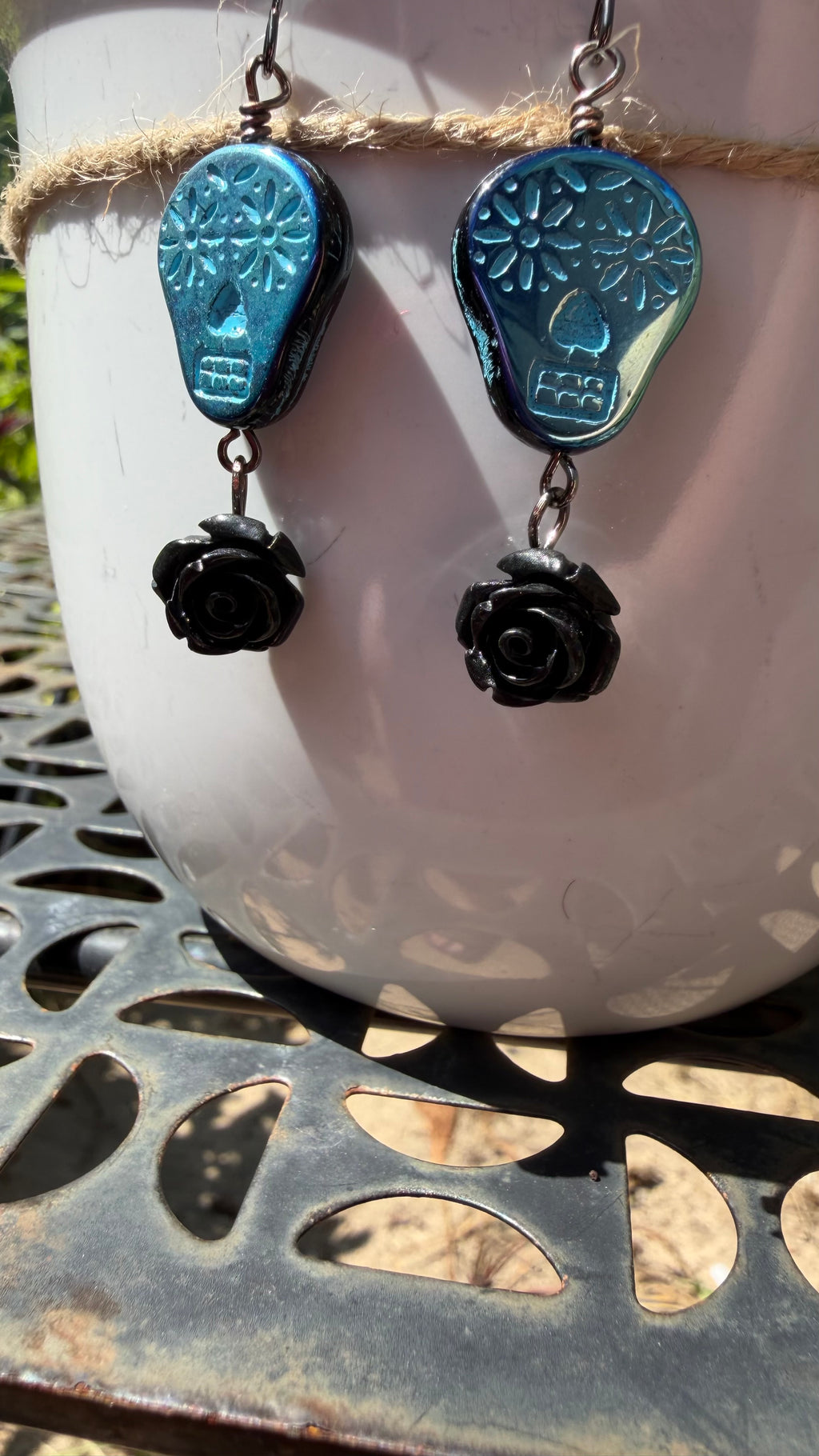Metallic Blue Sugar Skull Rose Earrings