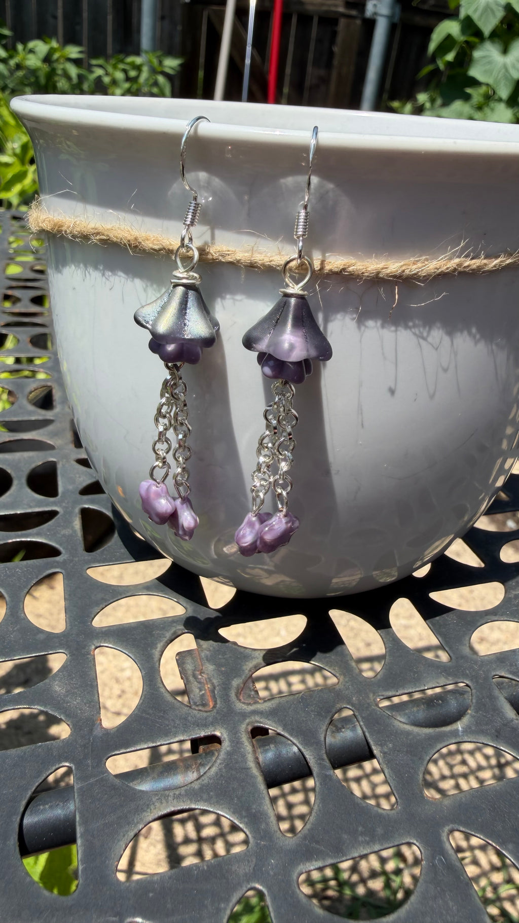 Czech Glass Purple Bellflower Earrings – Iridescent AB Floral Star Dangles