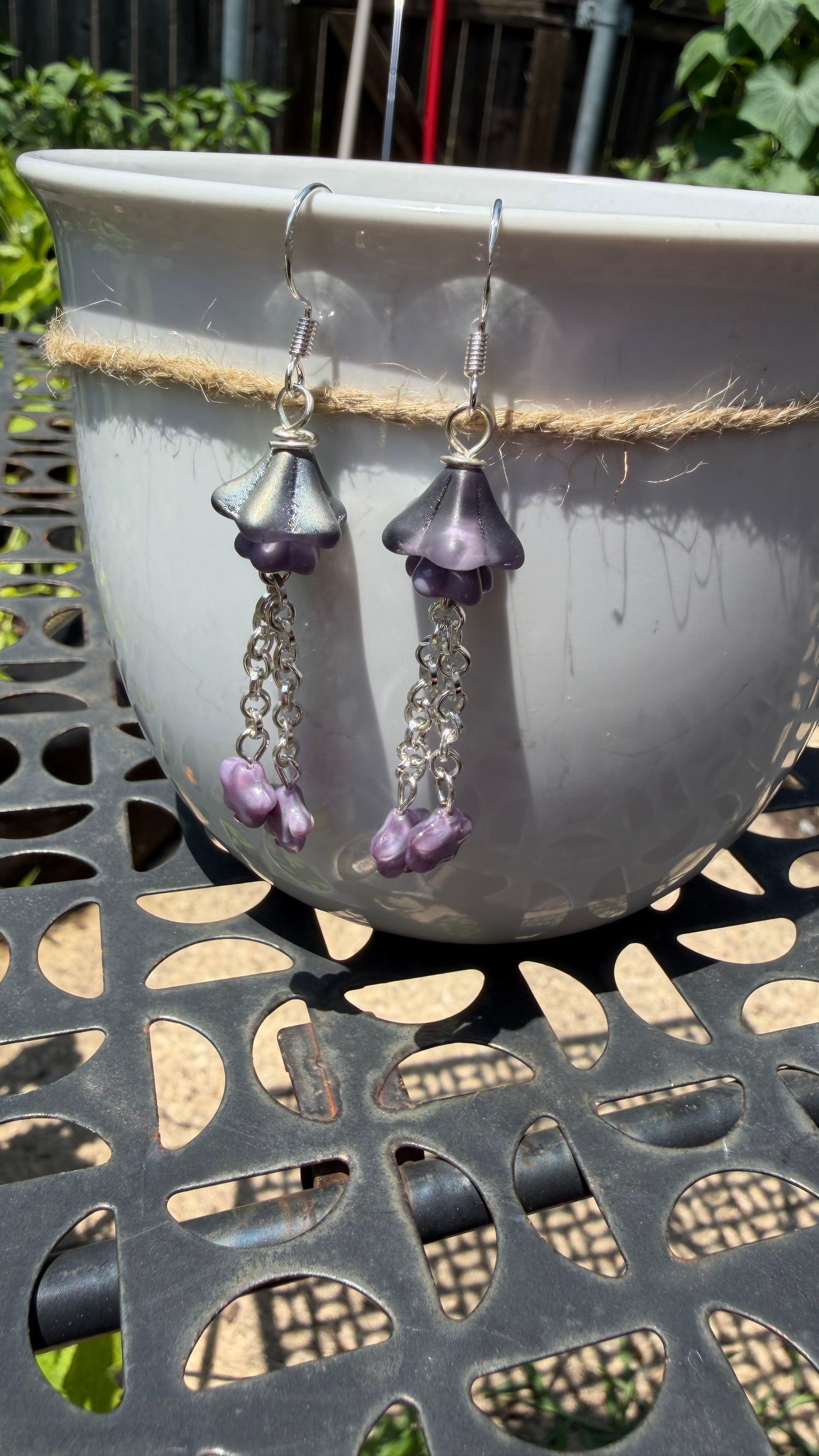 Czech Glass Purple Bellflower Earrings – Iridescent AB Floral Star Dangles