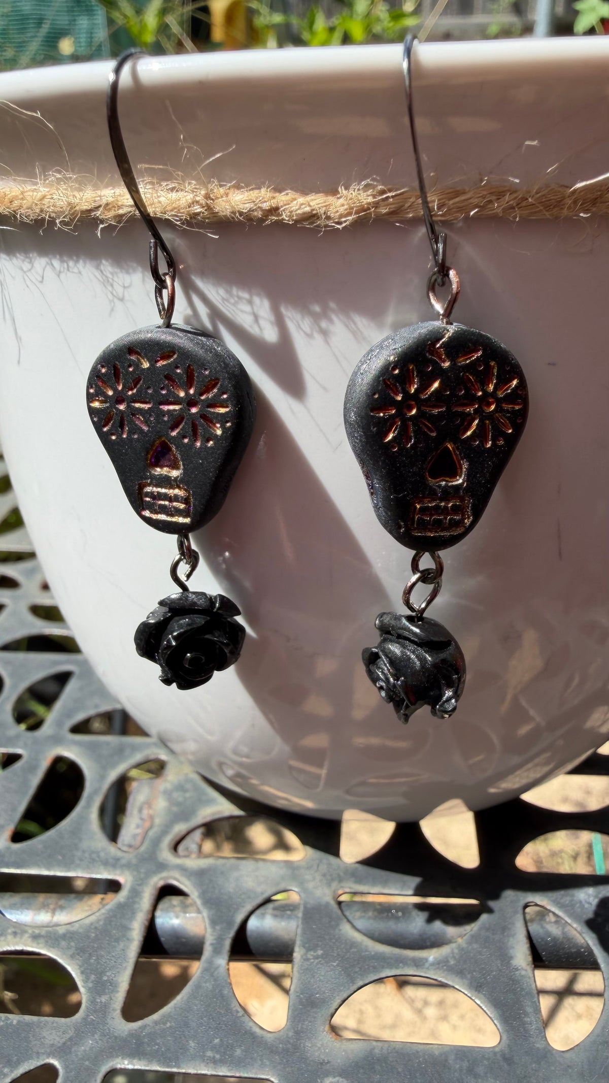 Matte Black and Rainbow Metallic Sugar Skull Earrings