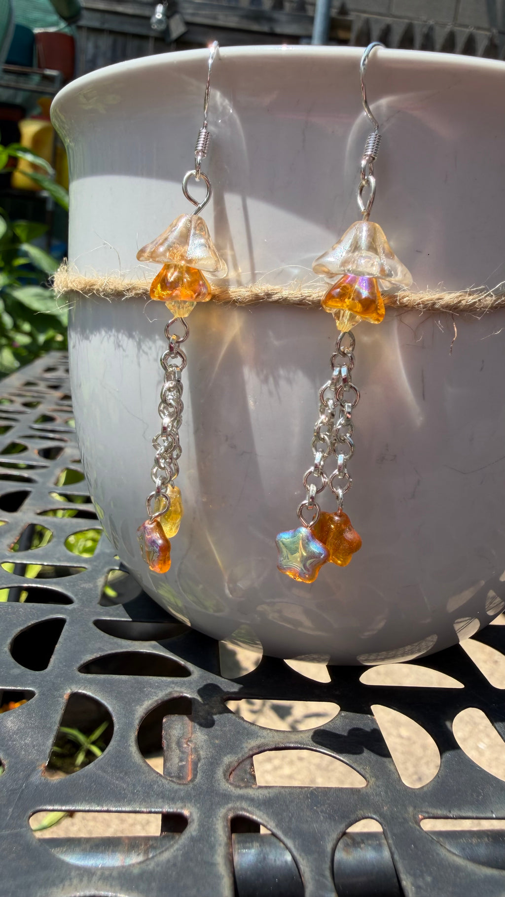 Czech Glass Light Topaz Bellflower Earrings – Star AB Iridescent Floral Dangles