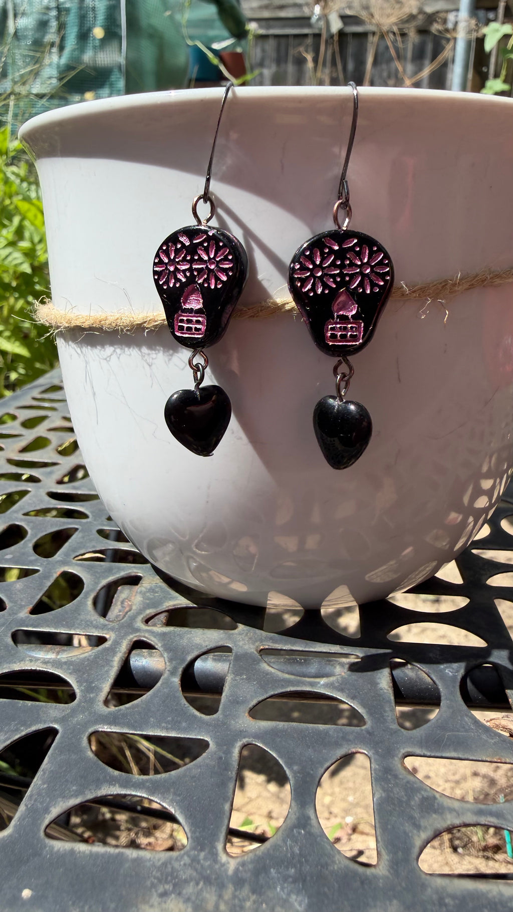 Black and Pink Sugar Skull Heart Earrings