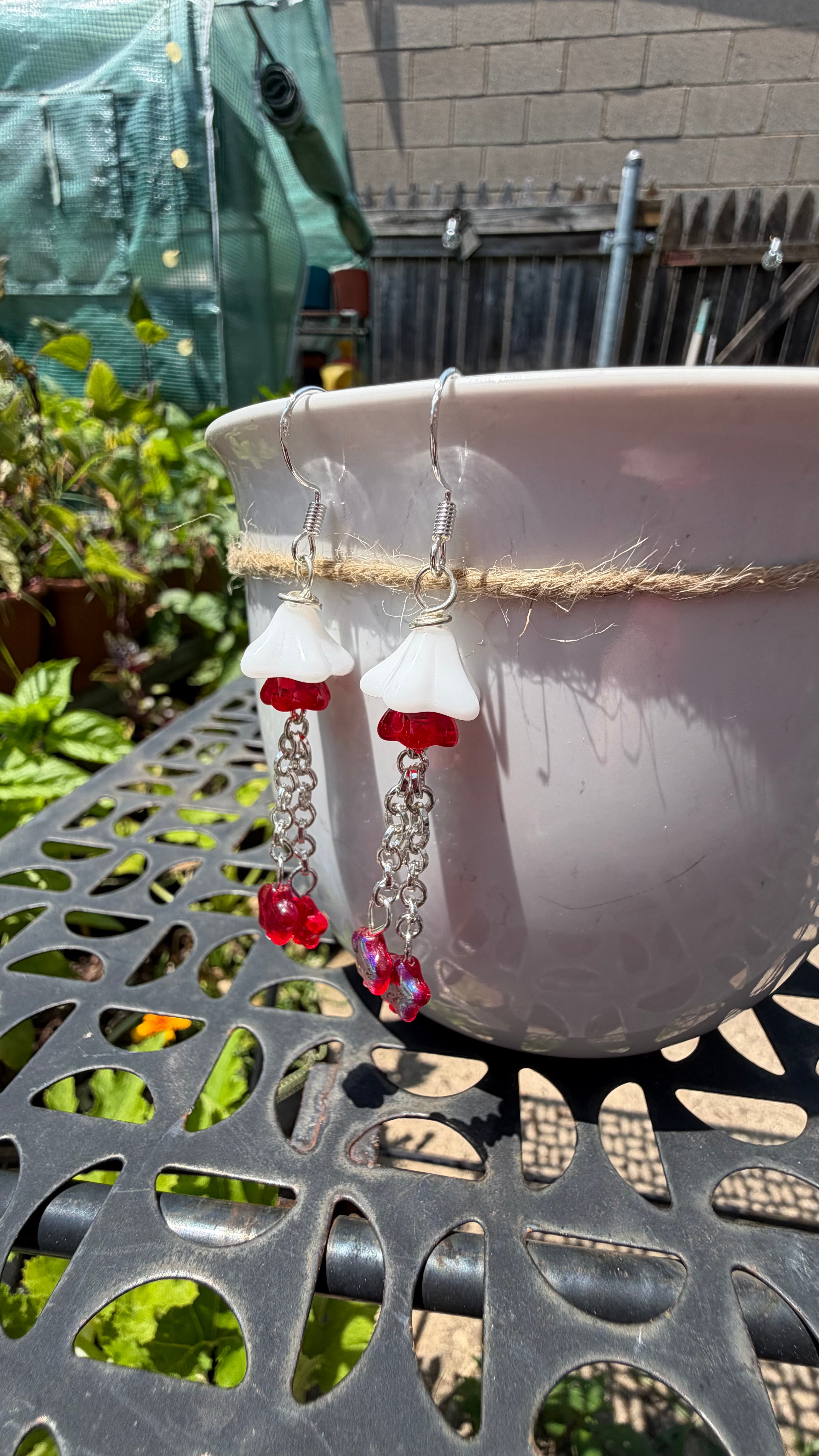 Layered White Red Floral Star Dangle Earrings