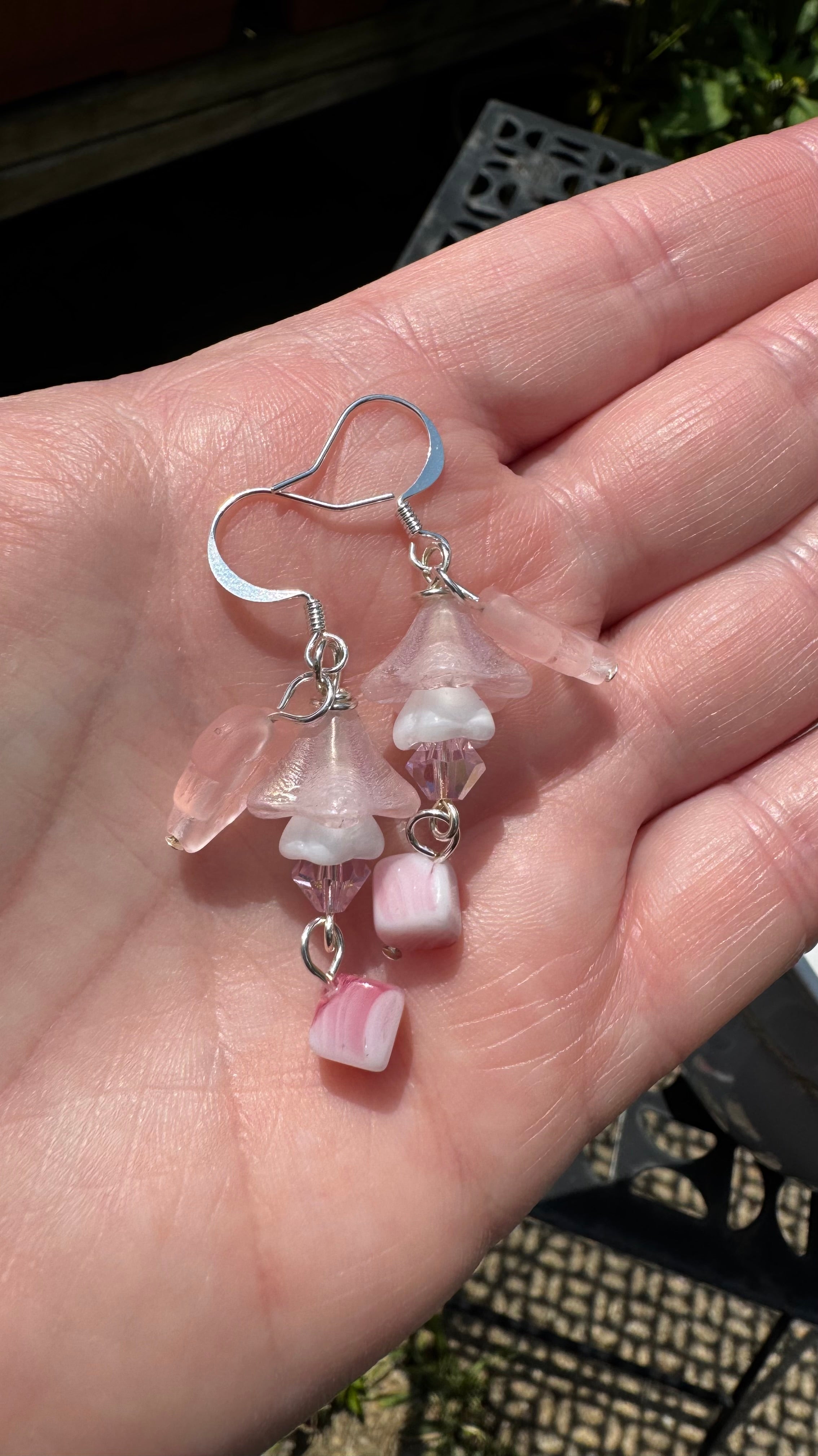 Czech Glass Pink Bellflower Earrings – Handmade Floral Dangle with Rare Pink Cube Bead | Romantic Garden Jewelry Gift for Her