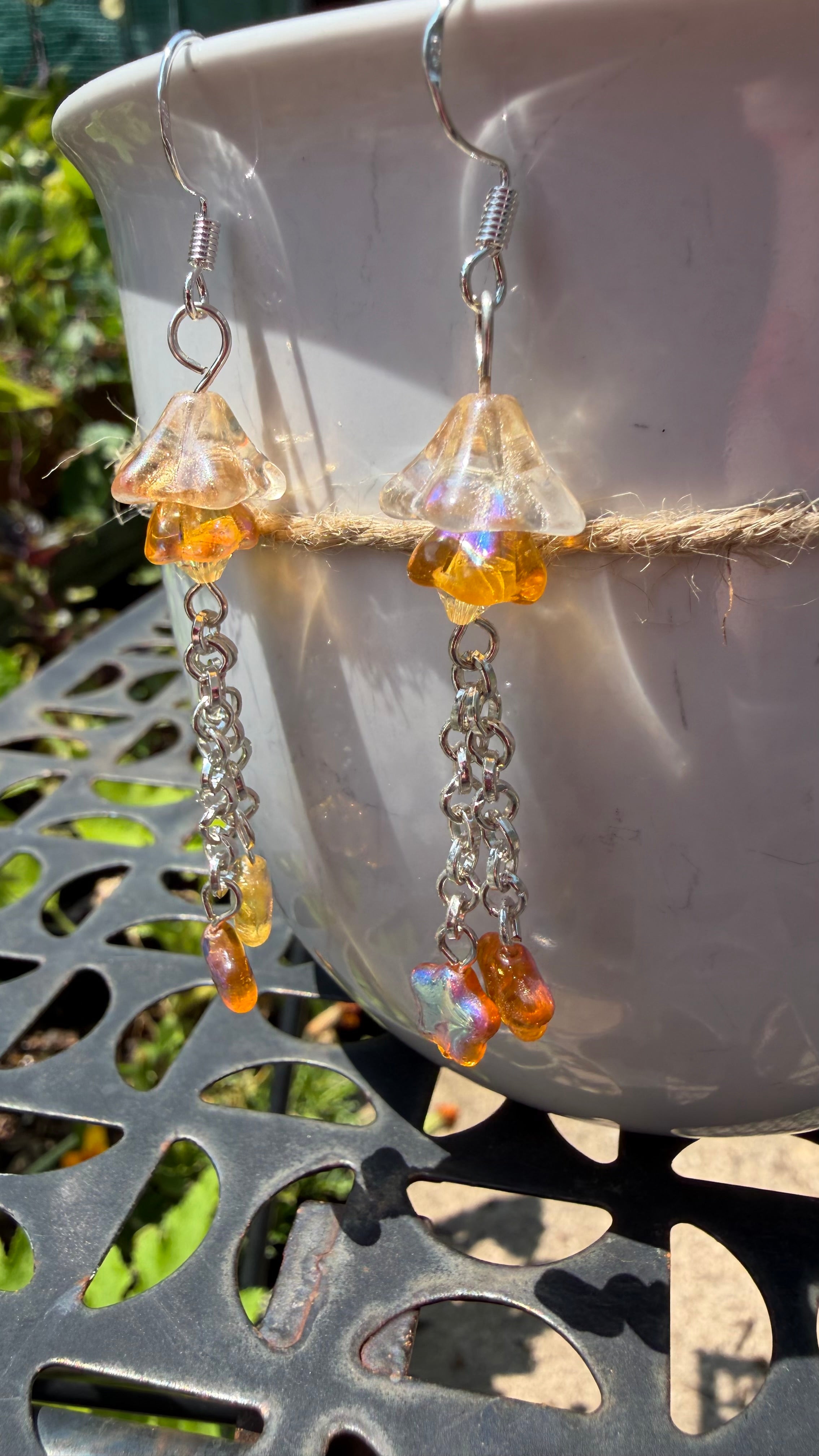 Czech Glass Light Topaz Bellflower Earrings – Star AB Iridescent Floral Dangles