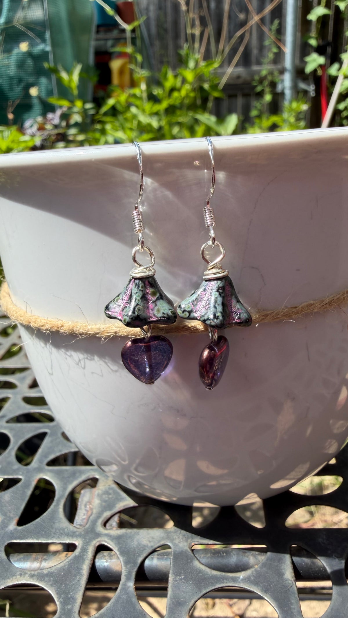 Purple Bellflower Heart Drops | Fuchsia Accent Czech Glass Dangle Earrings