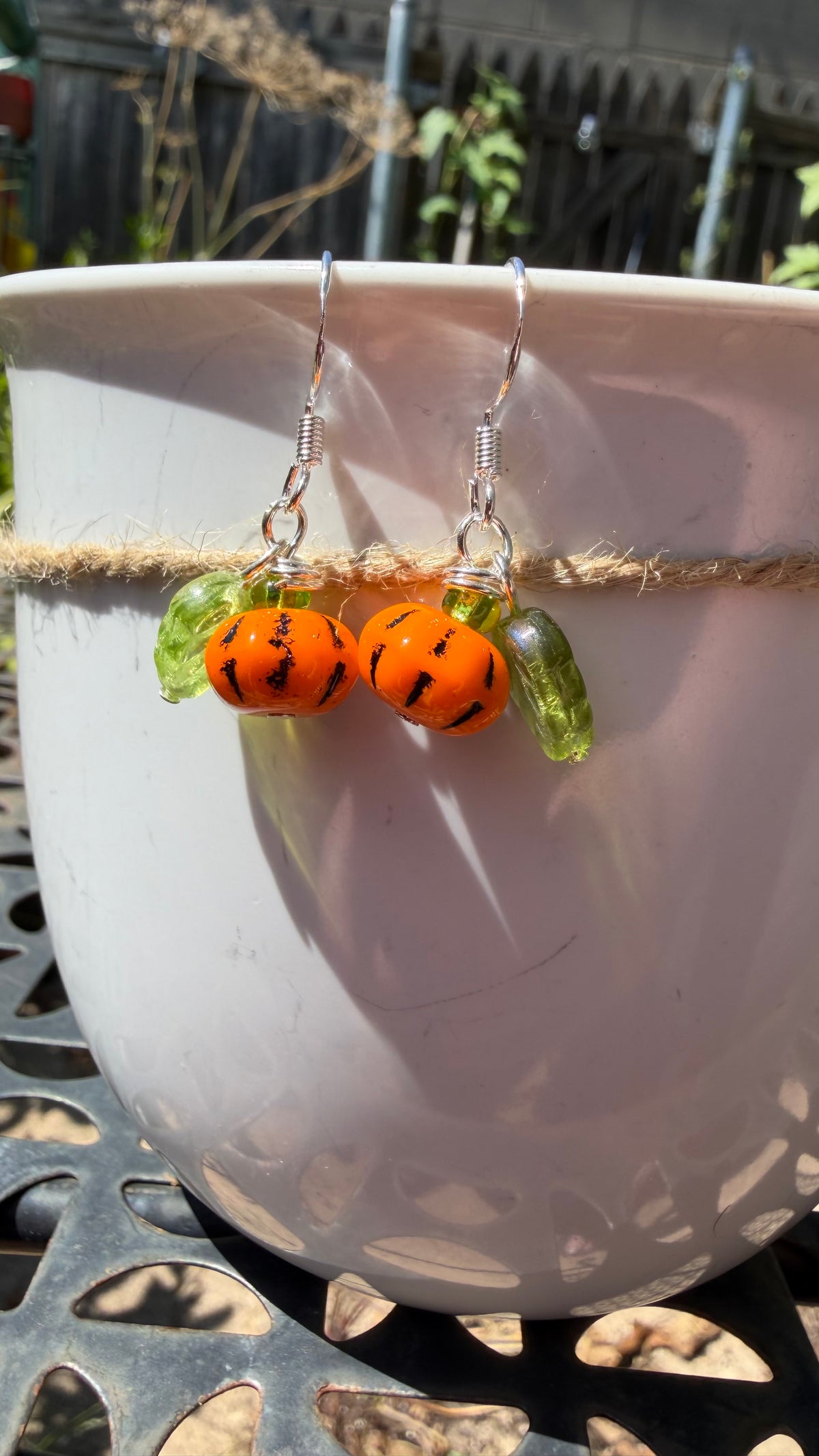 Orange Pumpkin Green Leaf Earrings