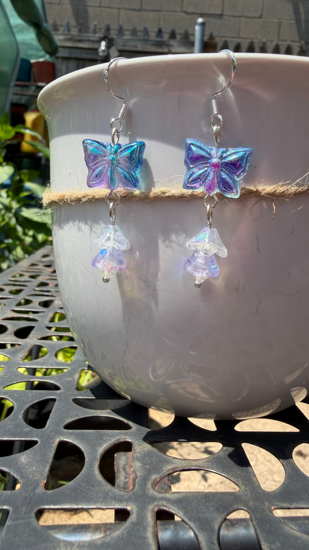Blue Purple Butterfly Earrings | Iridescent AB Czech Glass Floral Dangle Earrings