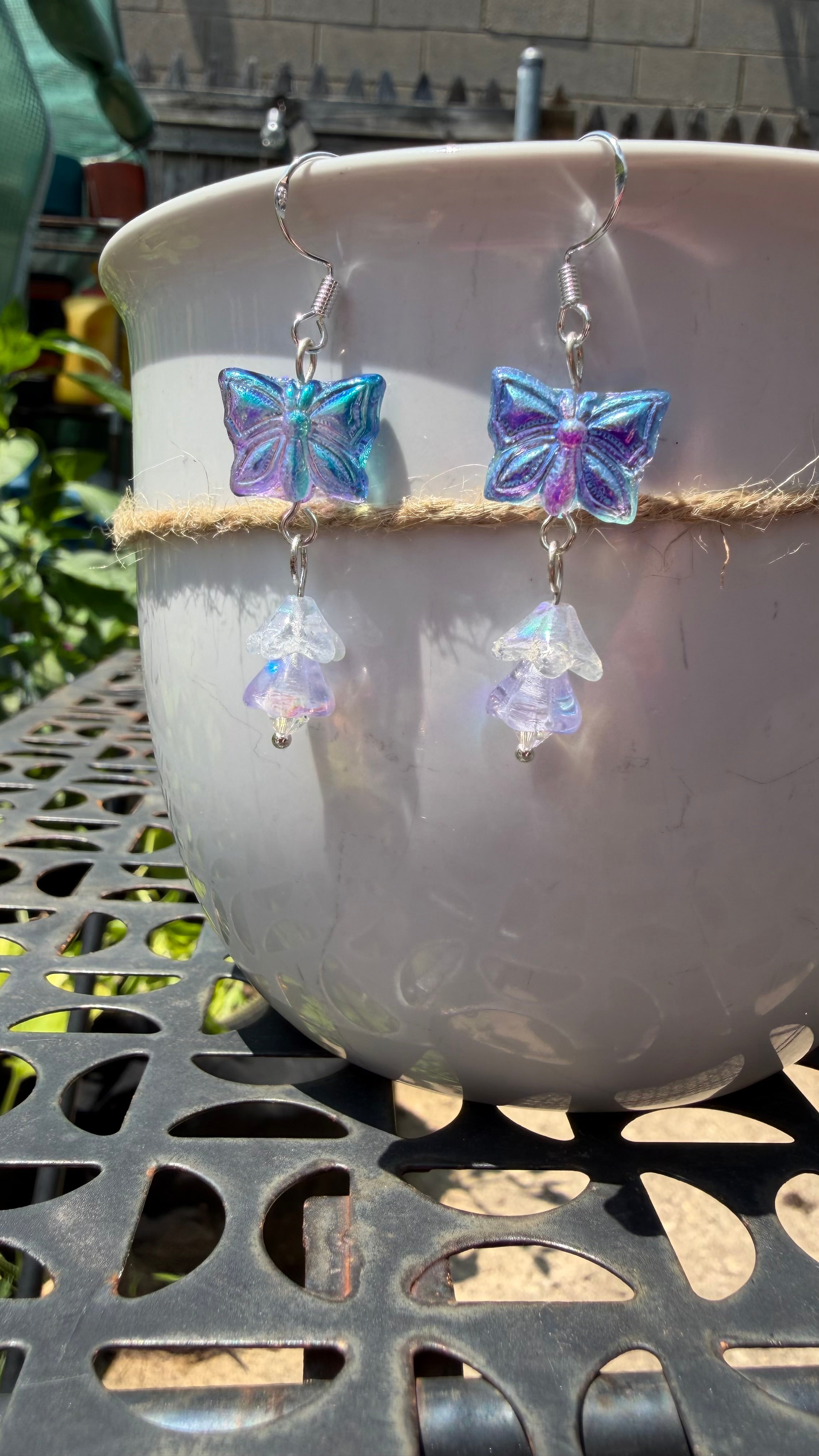 Blue Purple Butterfly Earrings | Iridescent AB Czech Glass Floral Dangle Earrings