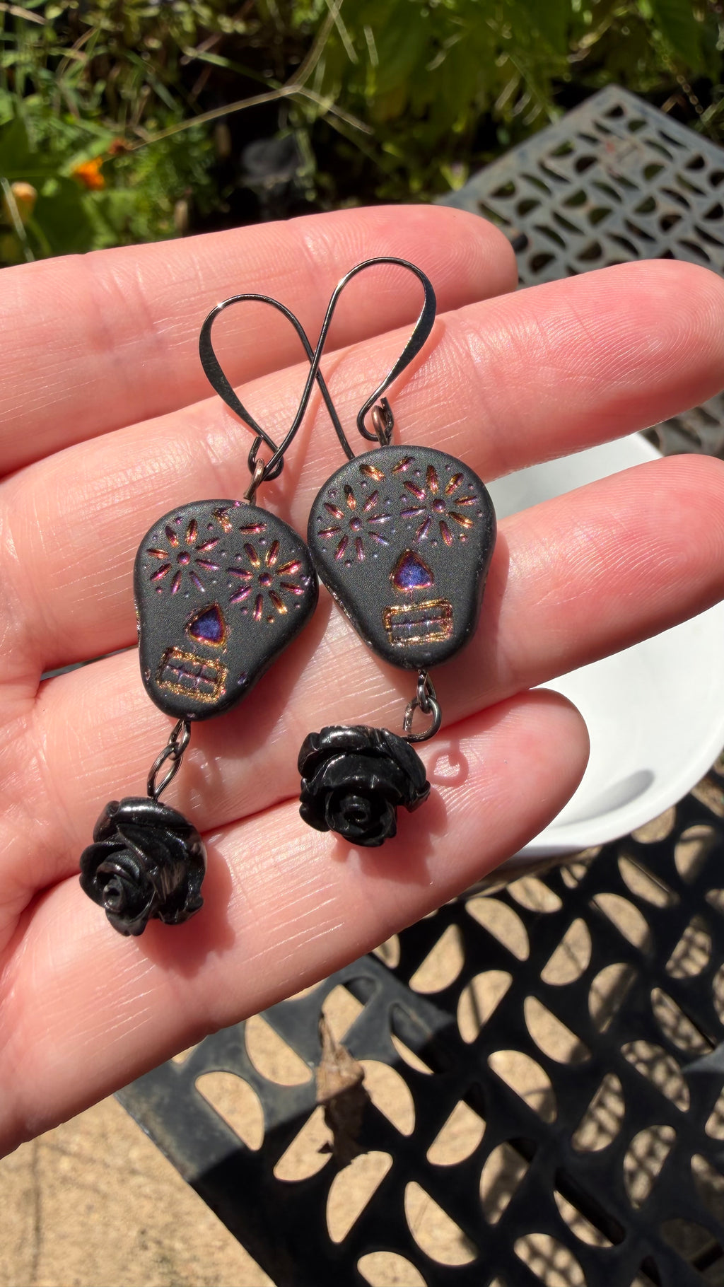 Matte Black and Rainbow Metallic Sugar Skull Earrings