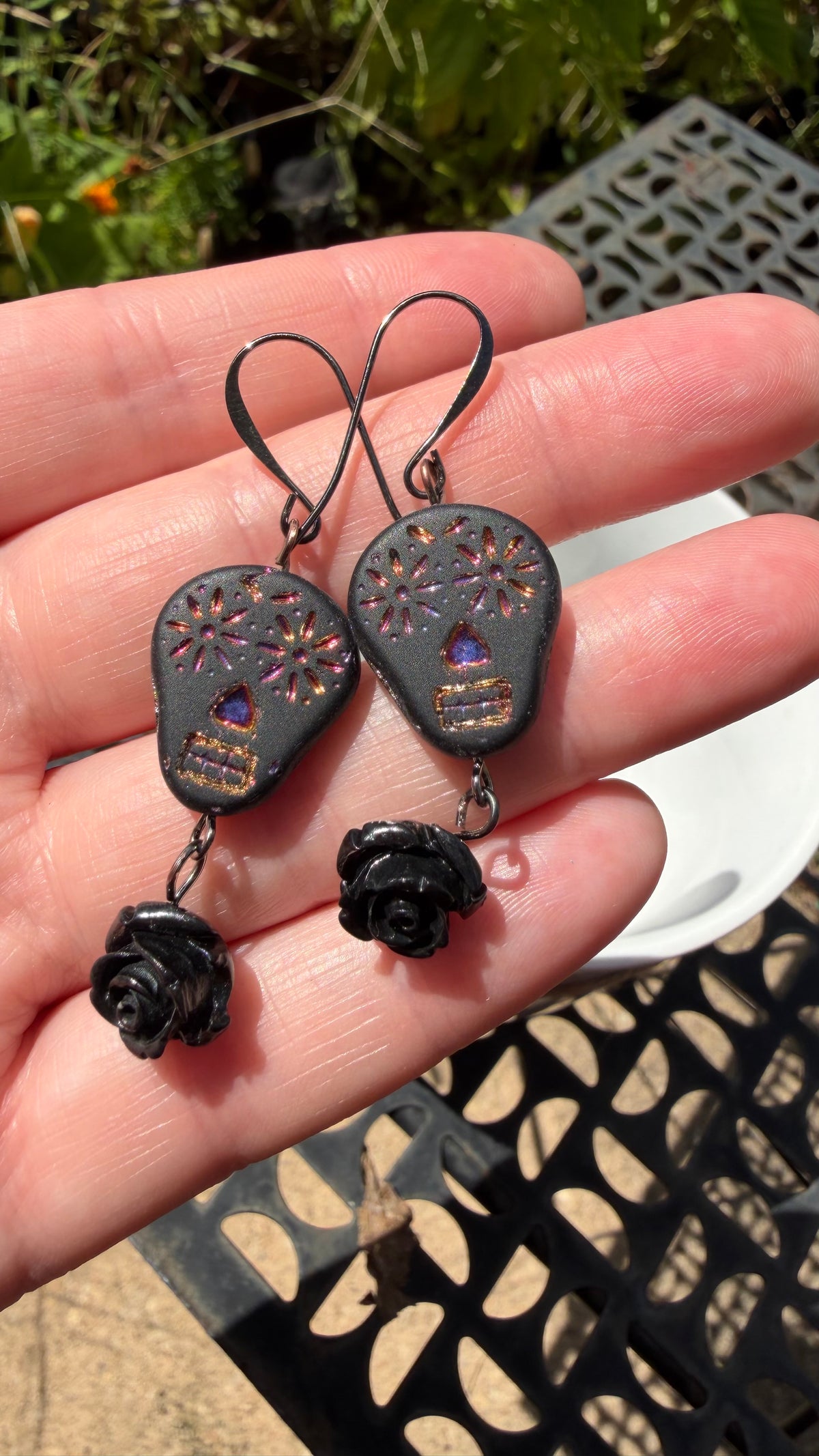 Matte Black and Rainbow Metallic Sugar Skull Earrings