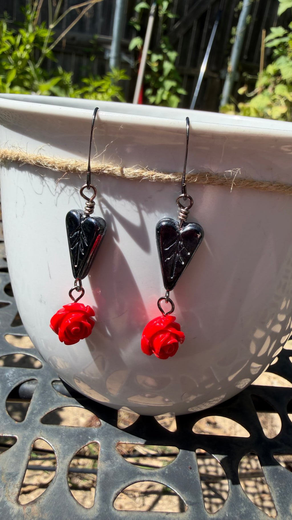 Black Heart Leaf Red Rose Earrings