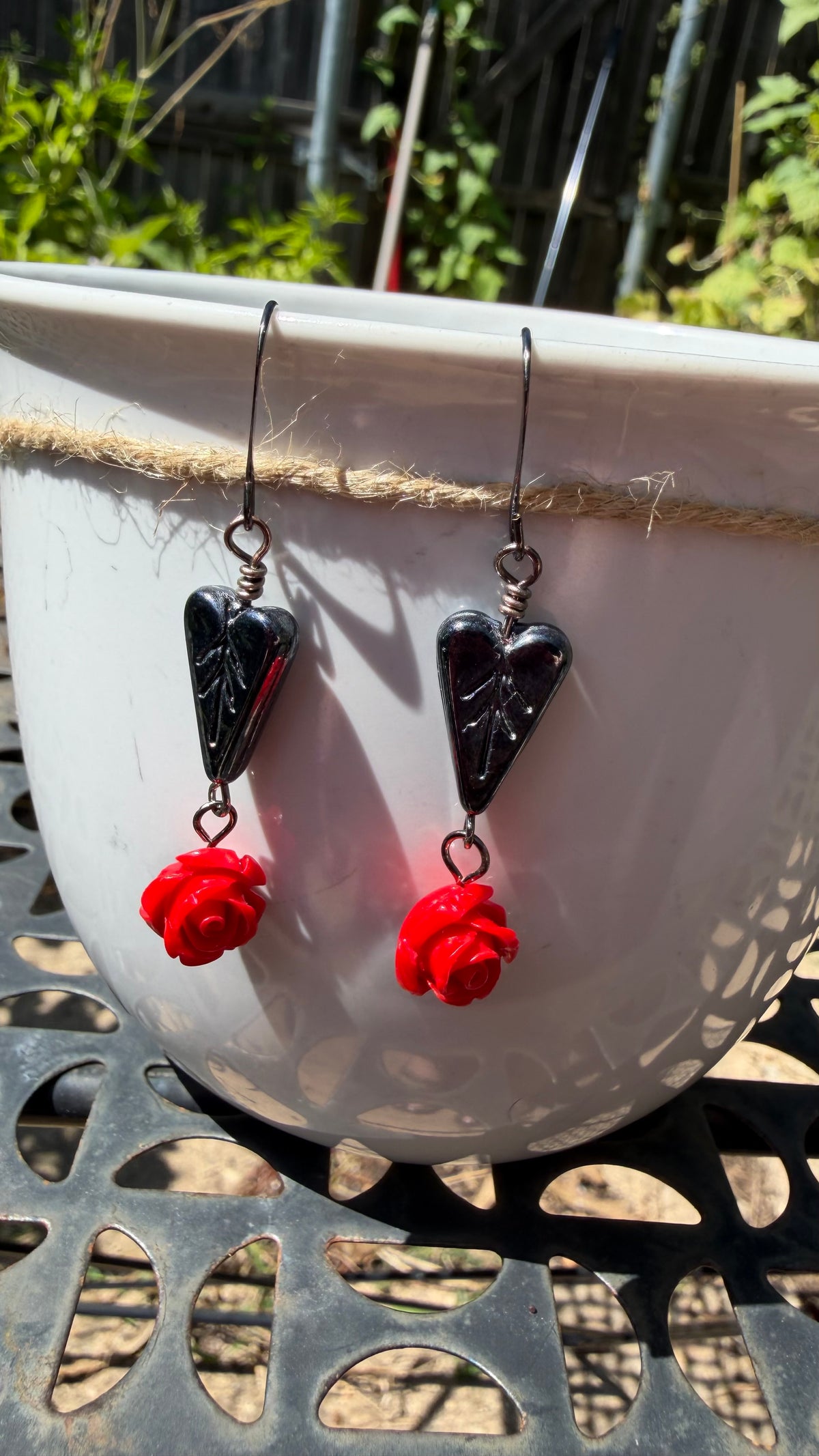 Black Heart Leaf Red Rose Earrings