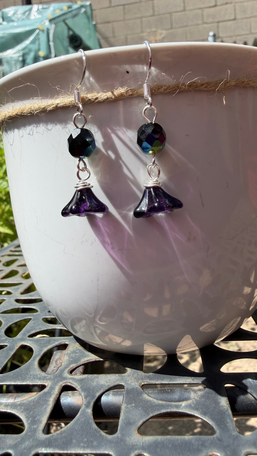 Purple Bellflower Drops | Jet Black AB Amethyst Czech Glass Dangle Earrings