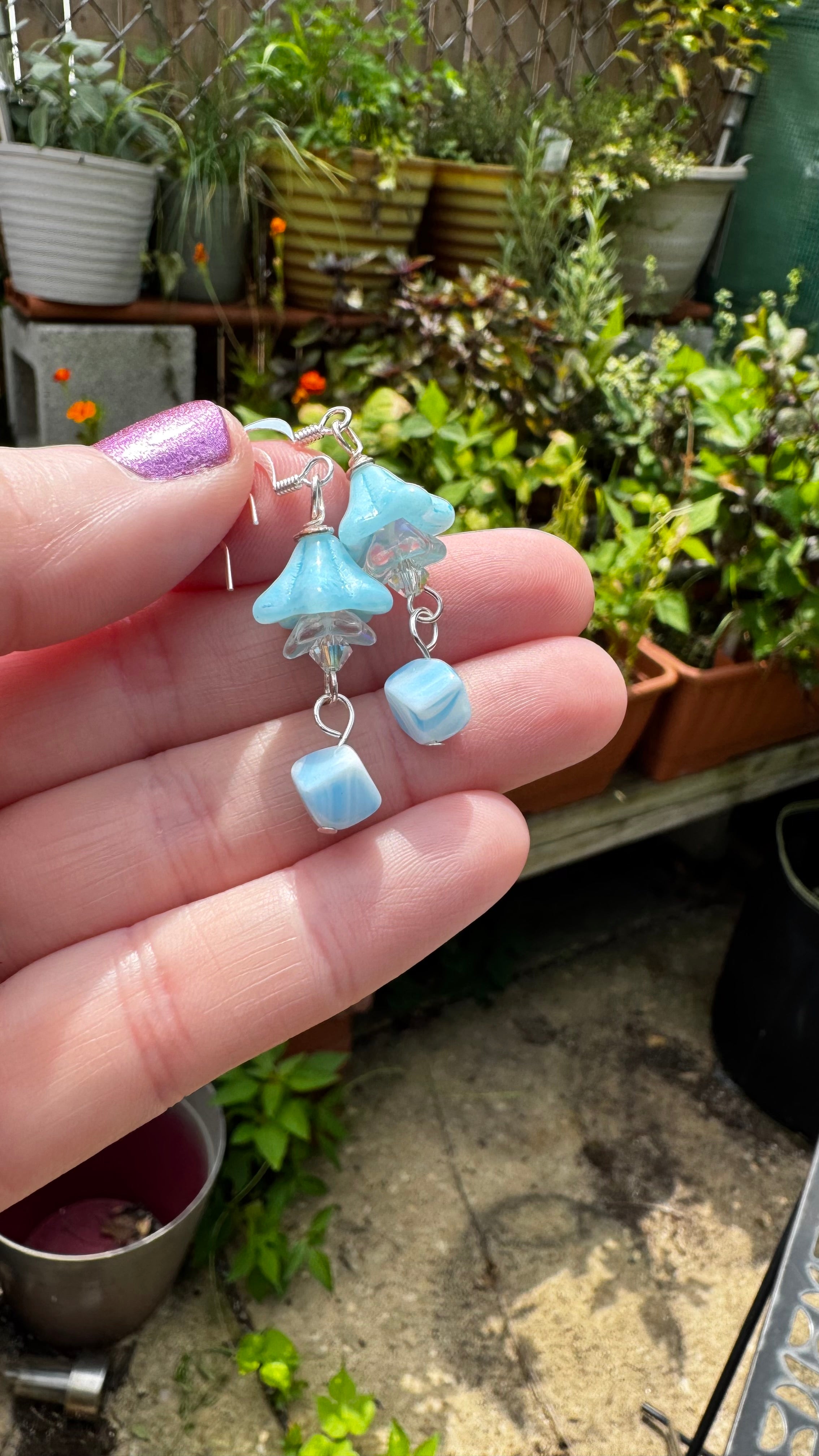 Czech Glass Light Blue Bell Flower Earrings – Handmade Floral Dangle with Rare Cube Bead | Hypoallergenic Garden Jewelry Gift for Her