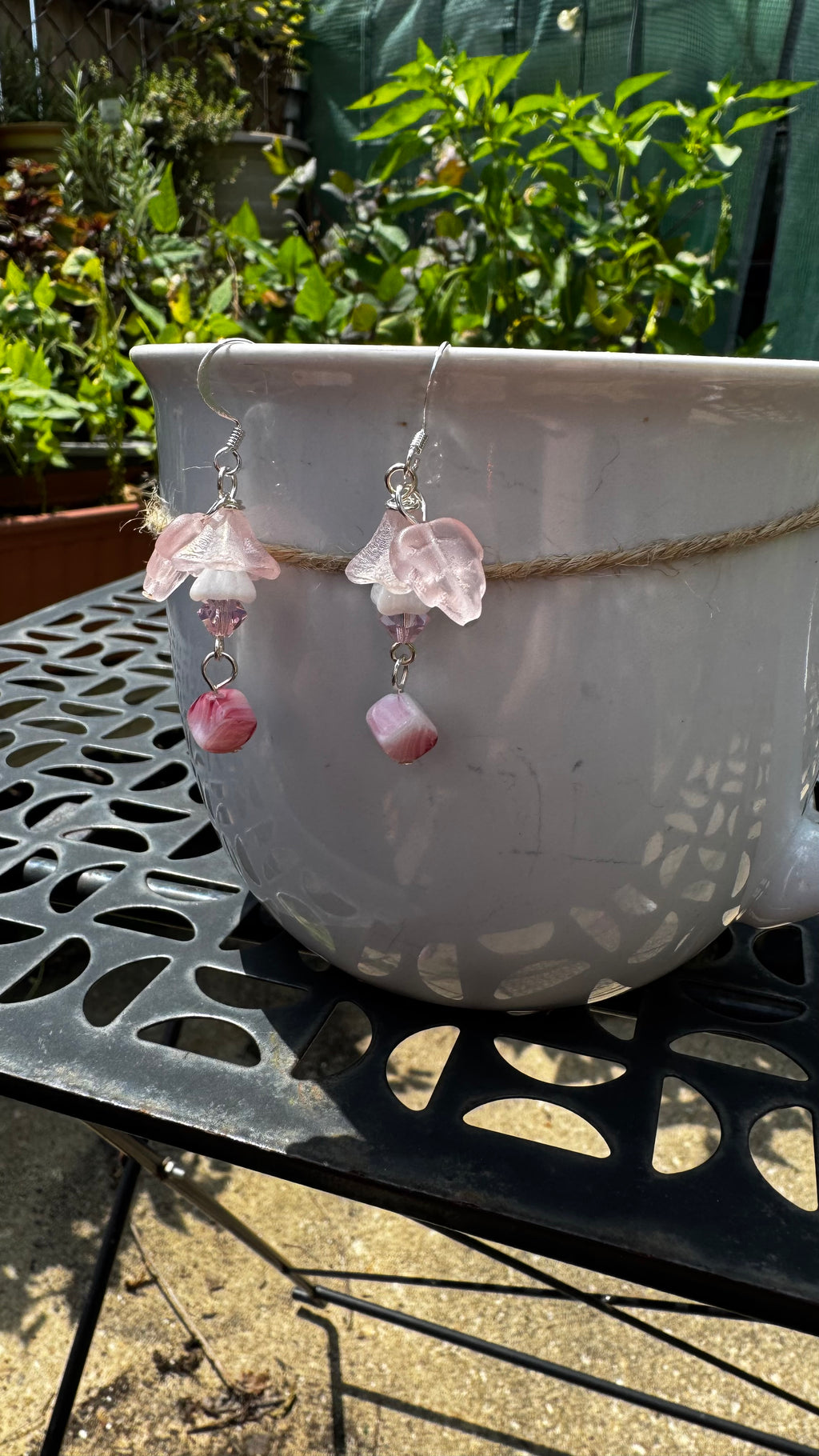 Czech Glass Pink Bellflower Earrings – Handmade Floral Dangle with Rare Pink Cube Bead | Romantic Garden Jewelry Gift for Her