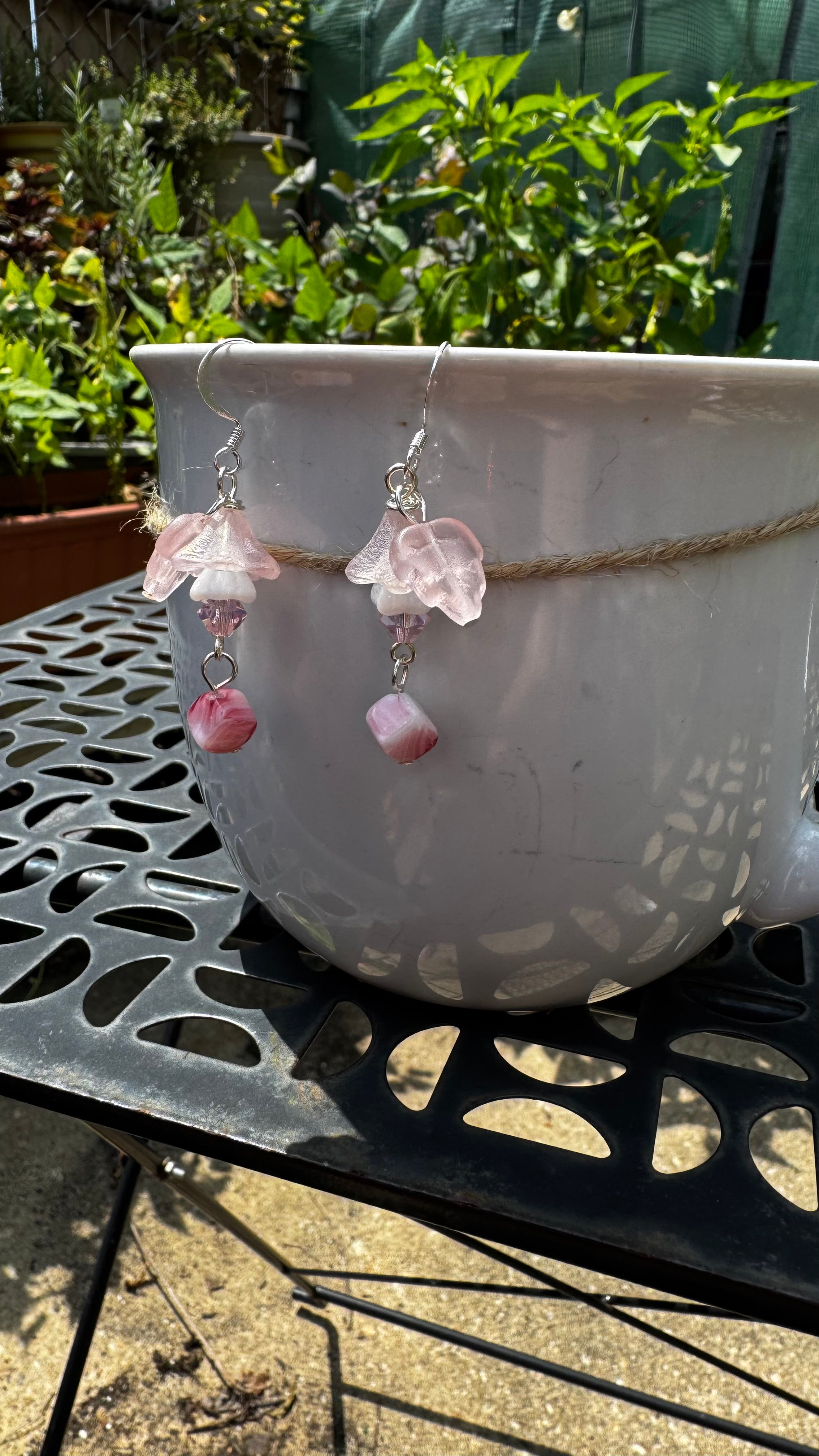 Czech Glass Pink Bellflower Earrings – Handmade Floral Dangle with Rare Pink Cube Bead | Romantic Garden Jewelry Gift for Her
