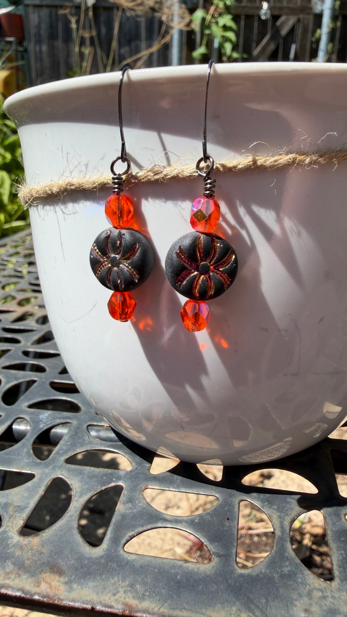 Gold Pink Rainbow Spider Earrings | Orange AB Czech Glass Dangles