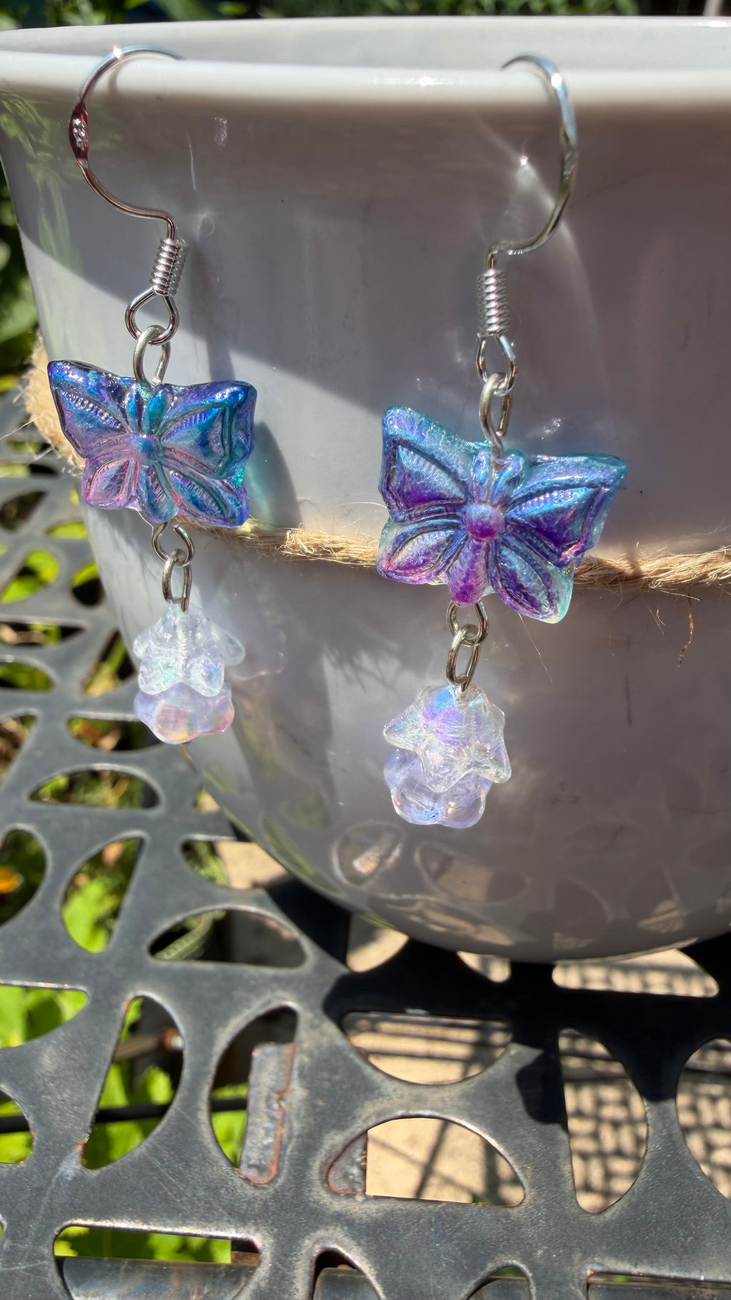 Blue Purple Butterfly Earrings | Iridescent AB Czech Glass Floral Dangle Earrings
