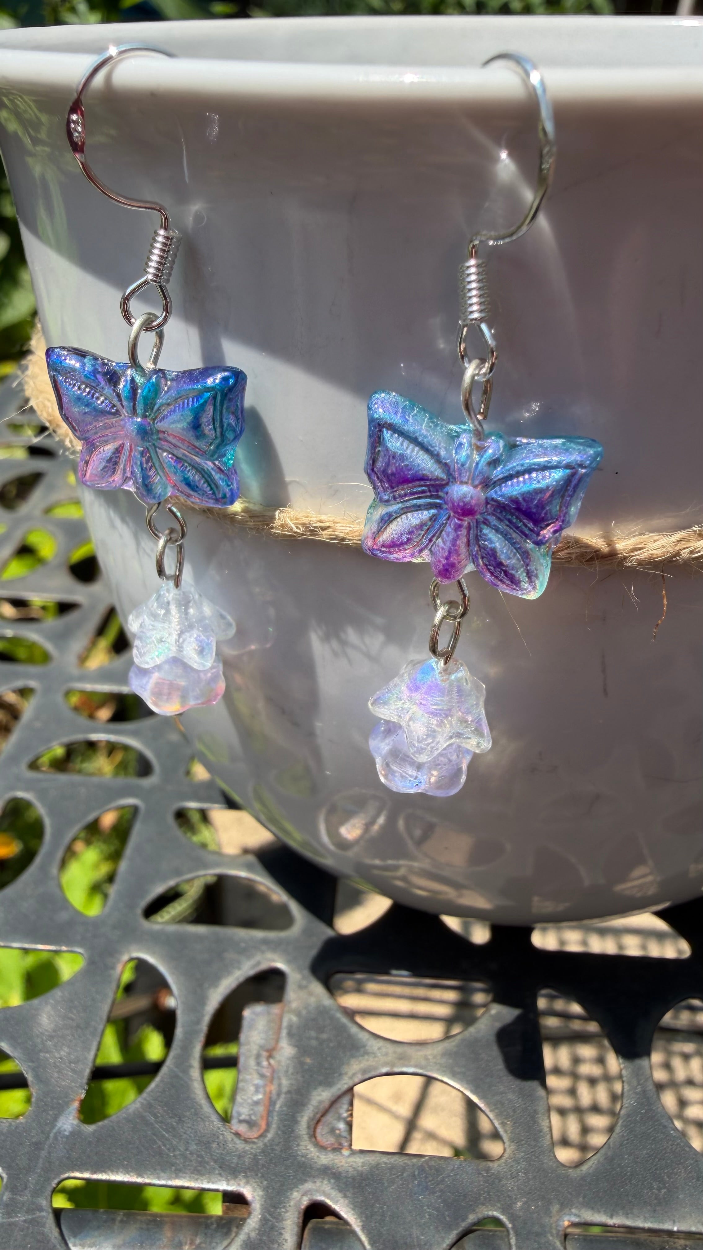 Blue Purple Butterfly Earrings | Iridescent AB Czech Glass Floral Dangle Earrings
