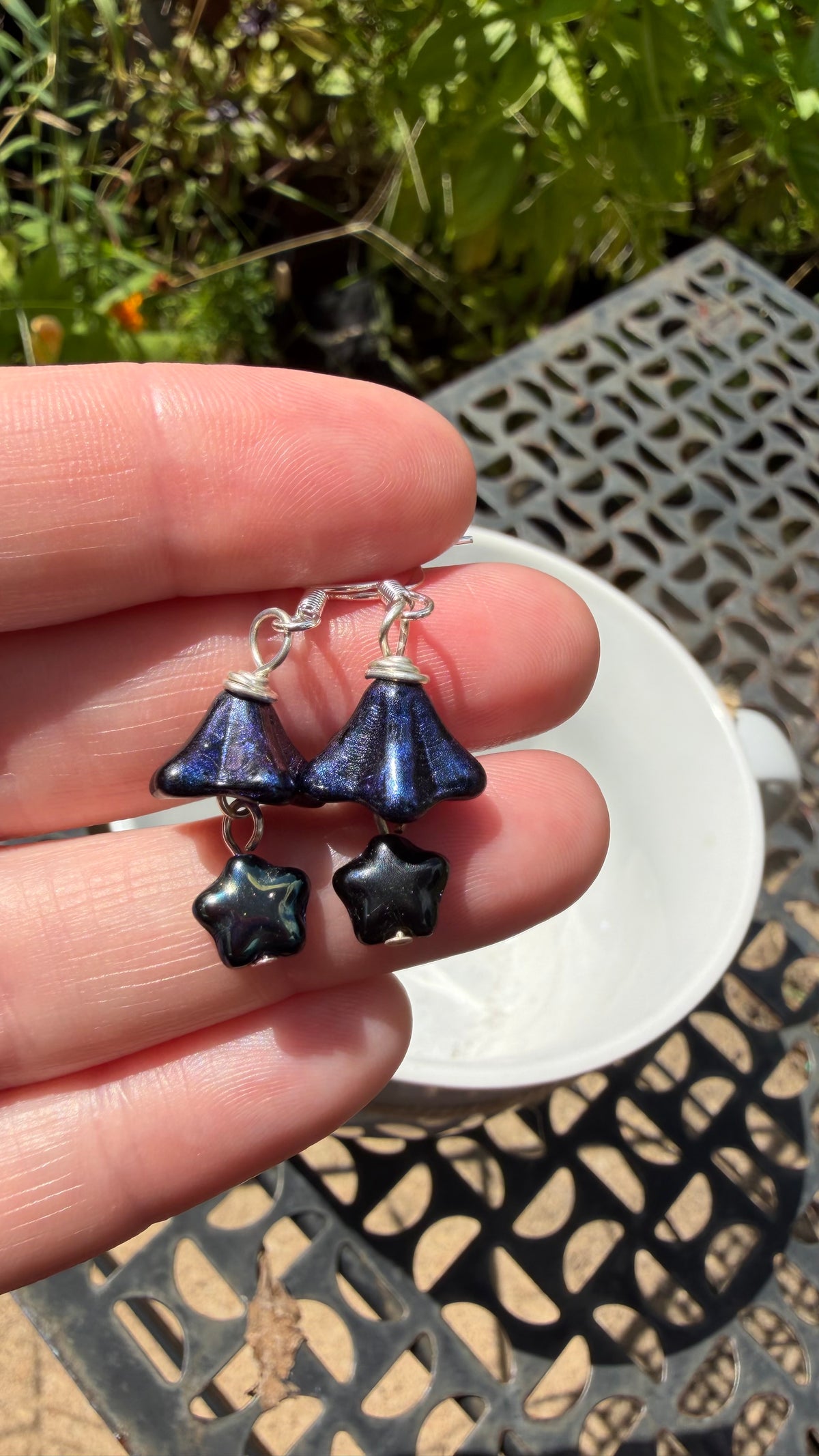 Midnight Blue Bellflower Drops | Jet Black AB Czech Glass Dangle Earrings
