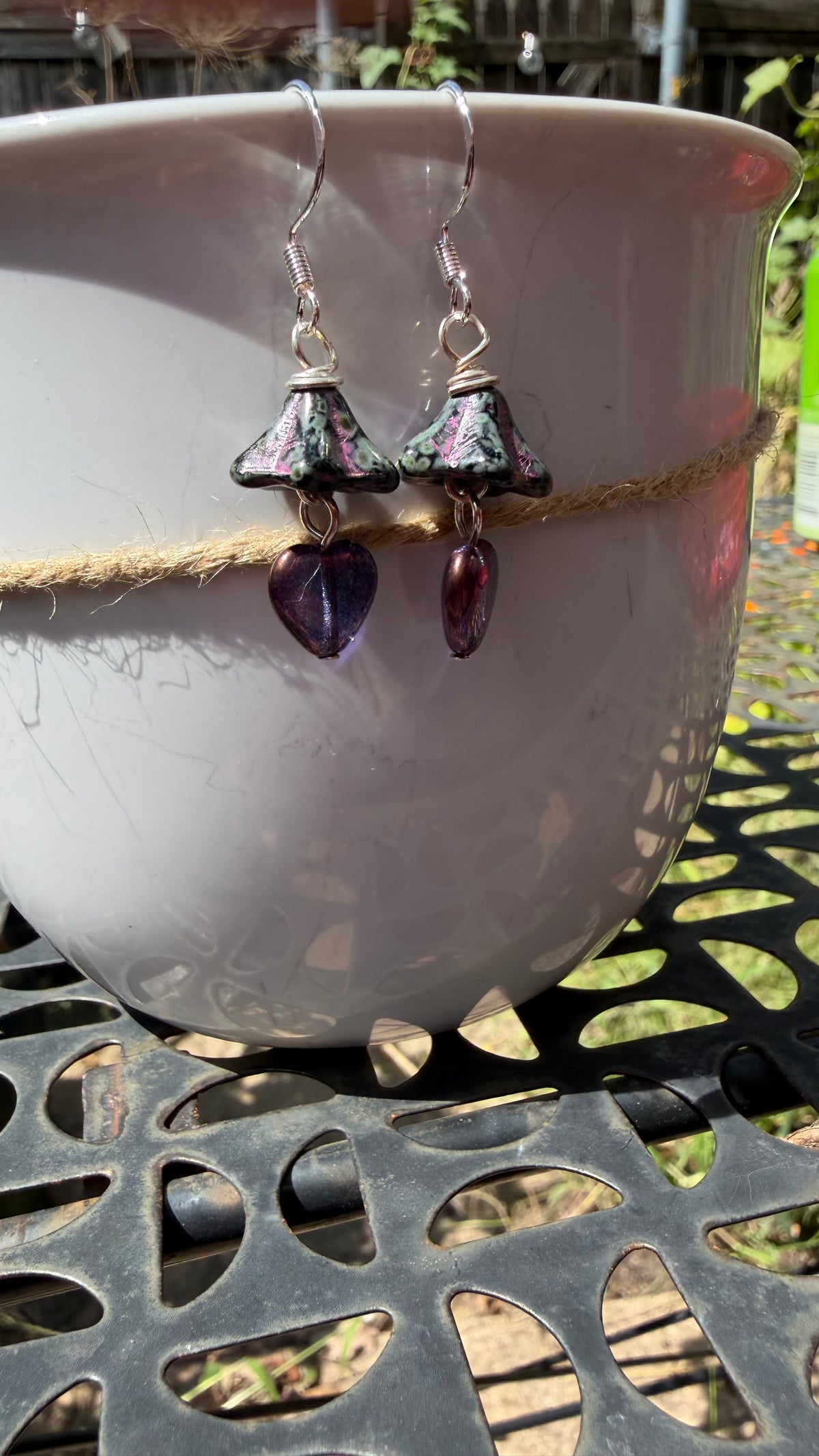 Purple Bellflower Heart Drops | Fuchsia Accent Czech Glass Dangle Earrings