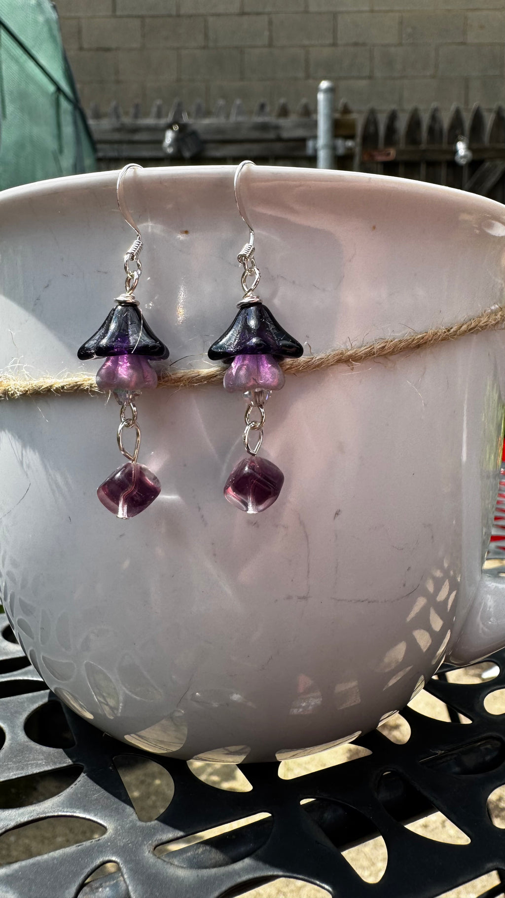 Purple Czech Glass Bell Flower Earrings – Handmade Silver Dangle with Rare Cube Beads | Boho Floral Gift for Her