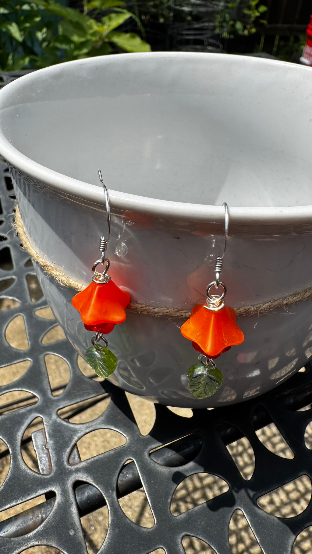 Orange Bellflower Earrings with Green Leaves – Handmade Czech Glass Dangle Earrings | Nature-Inspired Floral Gift for Her