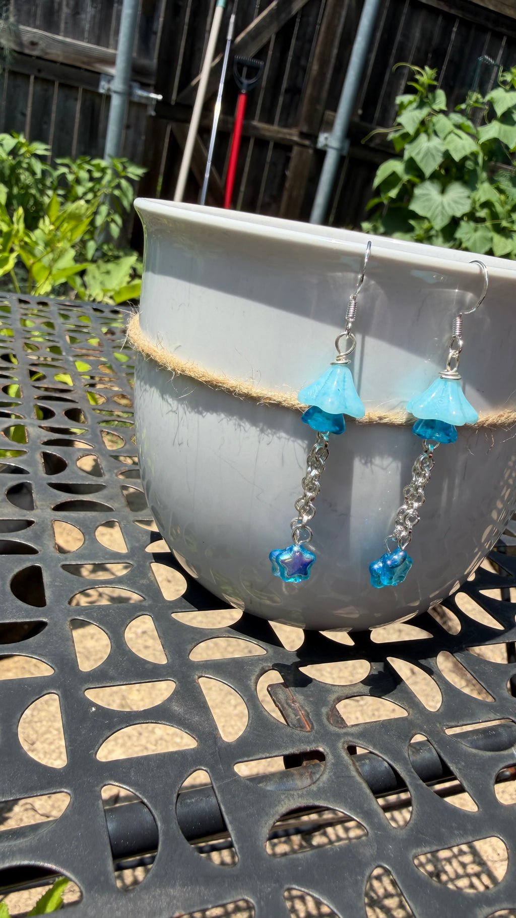 Czech Glass Light Blue Bellflower Earrings – Star AB Iridescent Floral Dangles