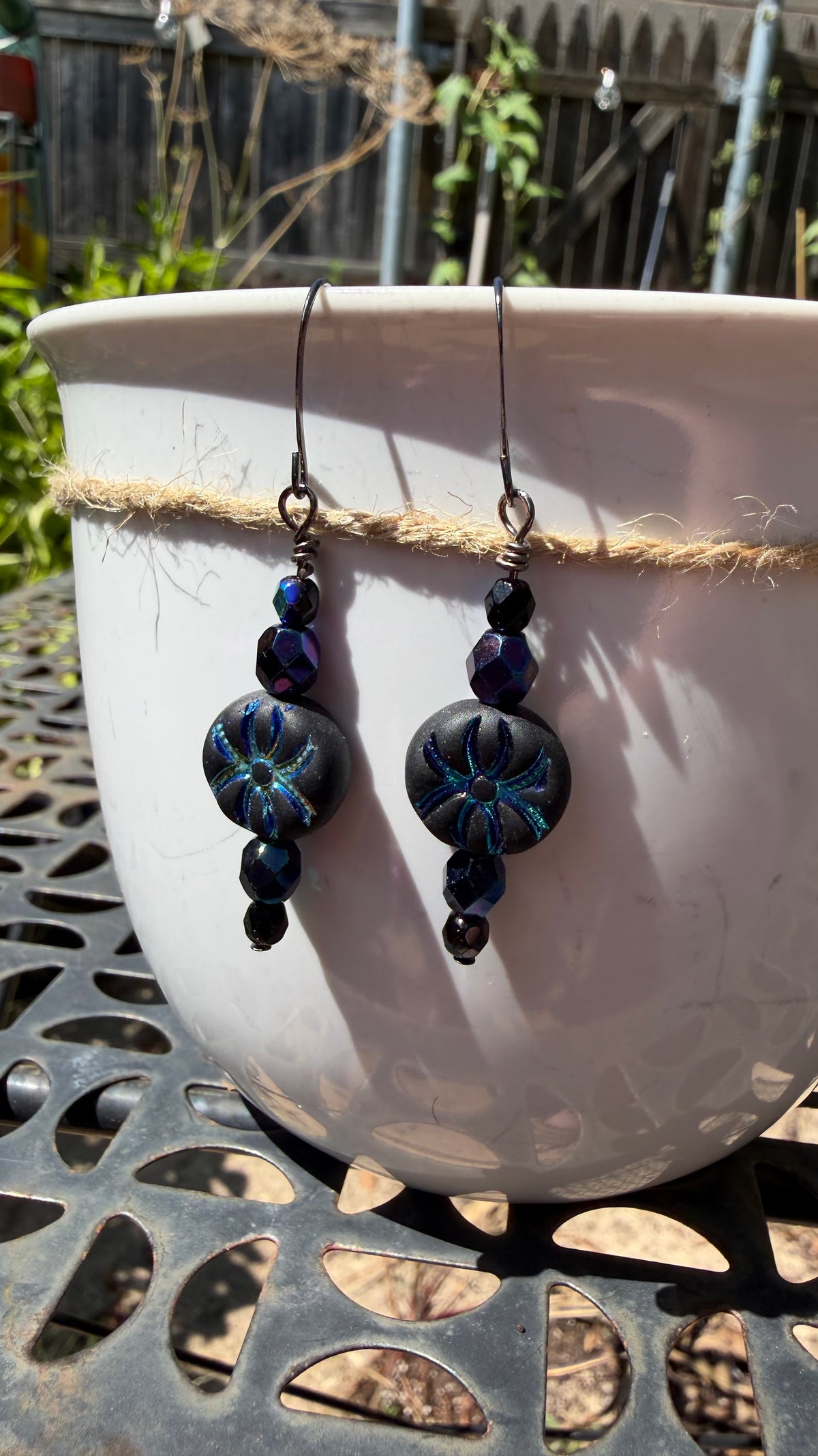 Matte Black Spider Earrings | Czech Glass Blue Iris Dangle Earrings