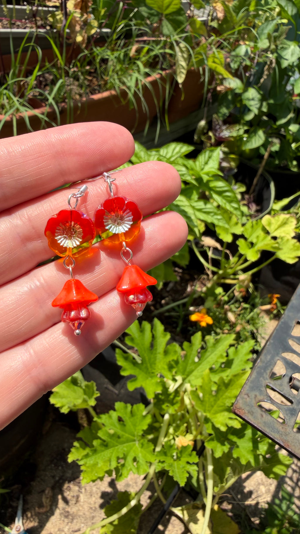 Orange and Yellow Czech Glass Hibiscus Earrings | Boho Floral Dangle Earrings