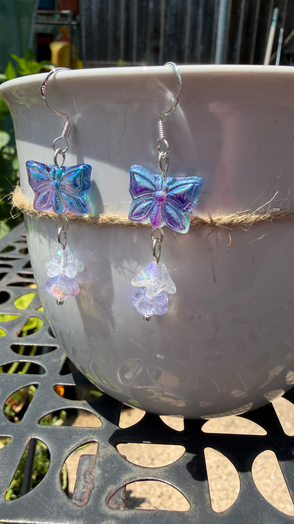 Blue Purple Butterfly Earrings | Iridescent AB Czech Glass Floral Dangle Earrings