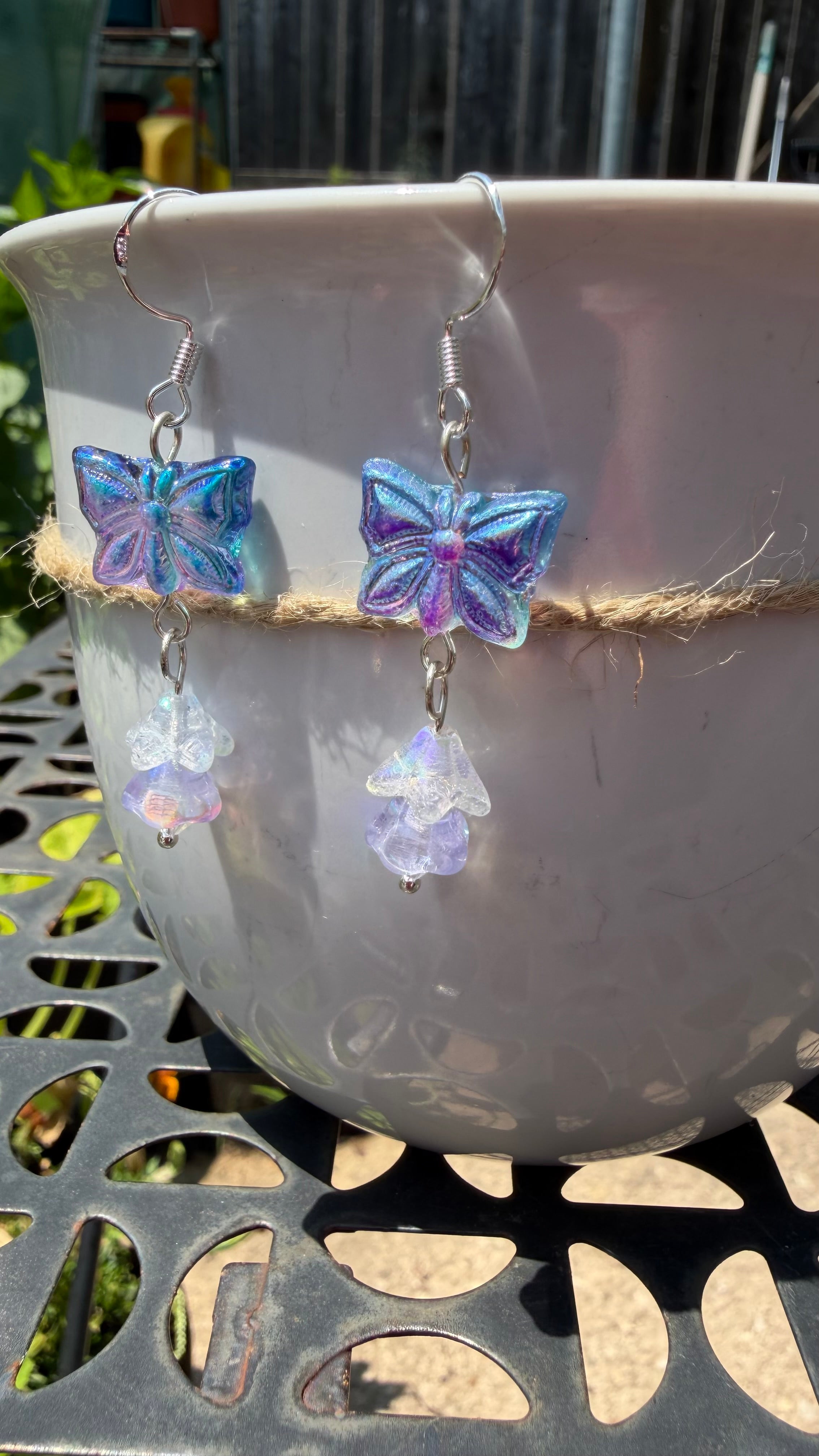Blue Purple Butterfly Earrings | Iridescent AB Czech Glass Floral Dangle Earrings