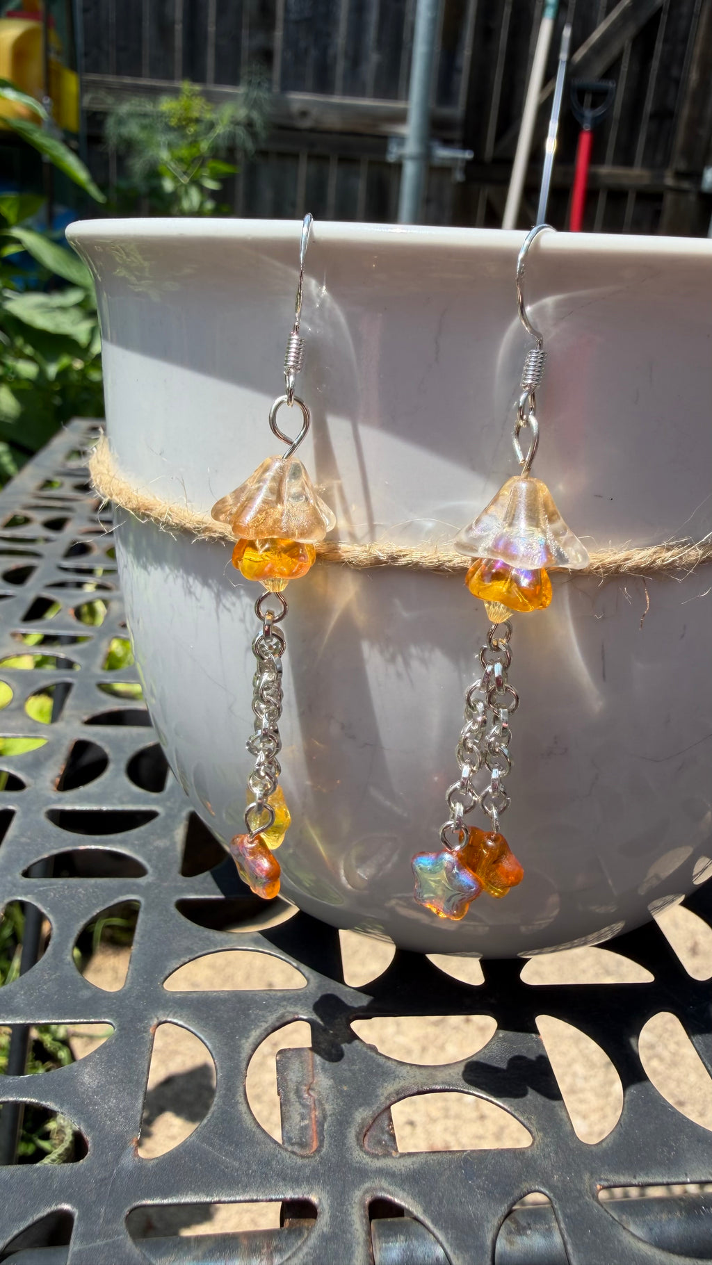Czech Glass Light Topaz Bellflower Earrings – Star AB Iridescent Floral Dangles