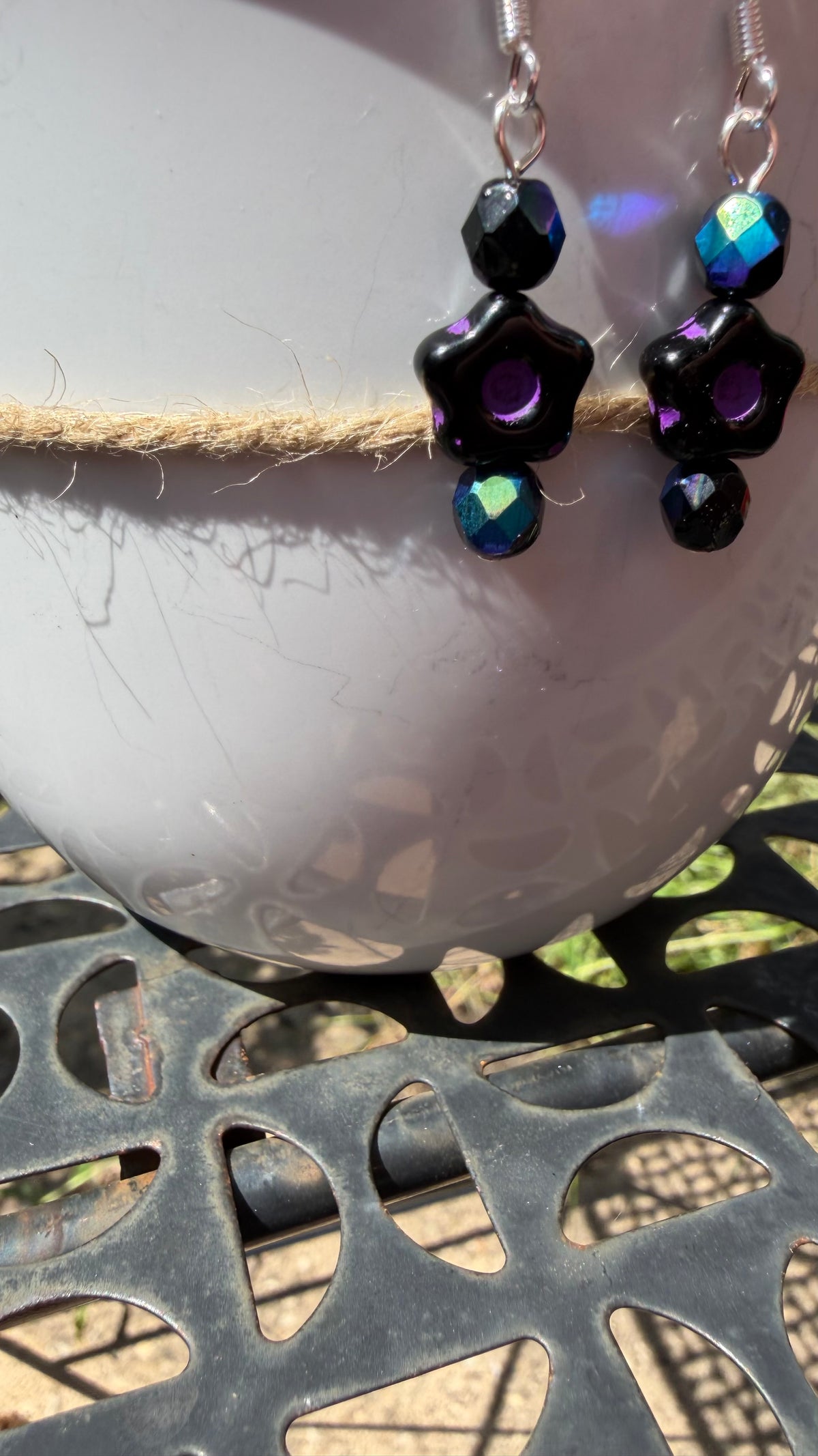 Black Purple Flower Earrings | Jet Black AB Czech Glass Dangles