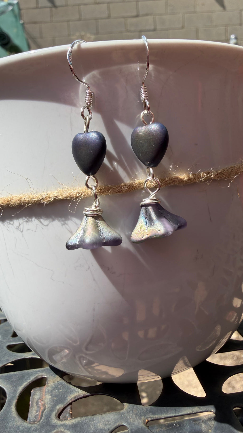 Purple Bellflower Heart Drops | Matte Amethyst Czech Glass Dangle Earrings