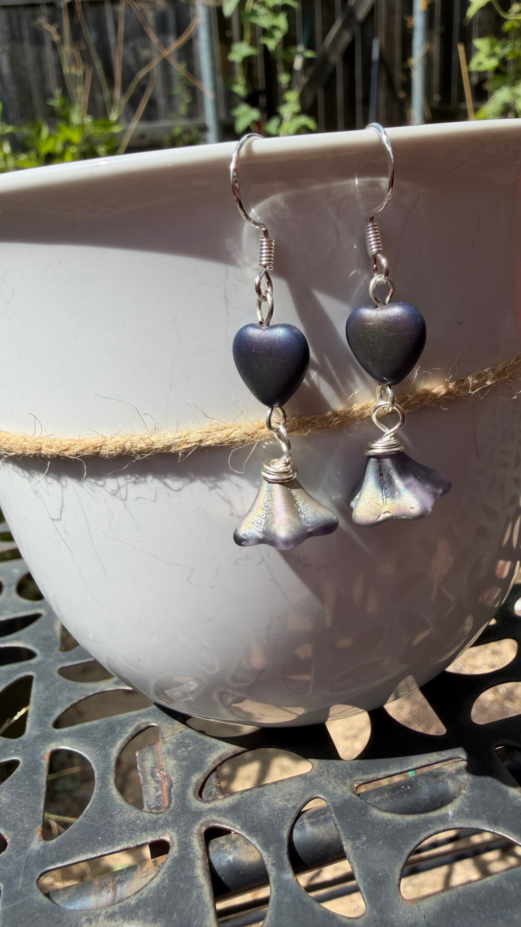 Purple Bellflower Heart Drops | Matte Amethyst Czech Glass Dangle Earrings