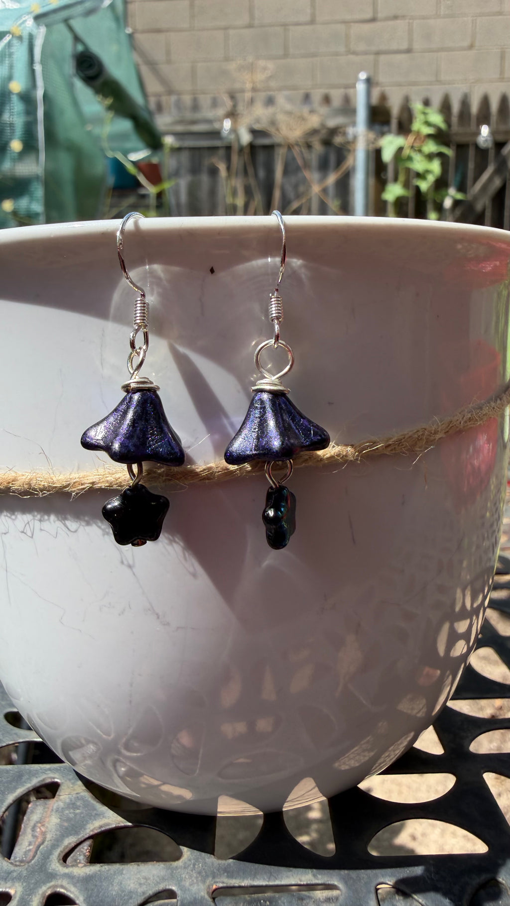 Midnight Blue Bellflower Drops | Jet Black AB Czech Glass Dangle Earrings
