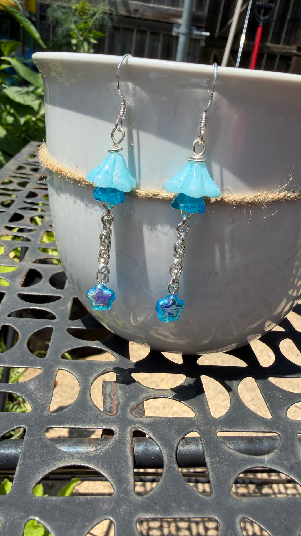 Czech Glass Light Blue Bellflower Earrings – Star AB Iridescent Floral Dangles