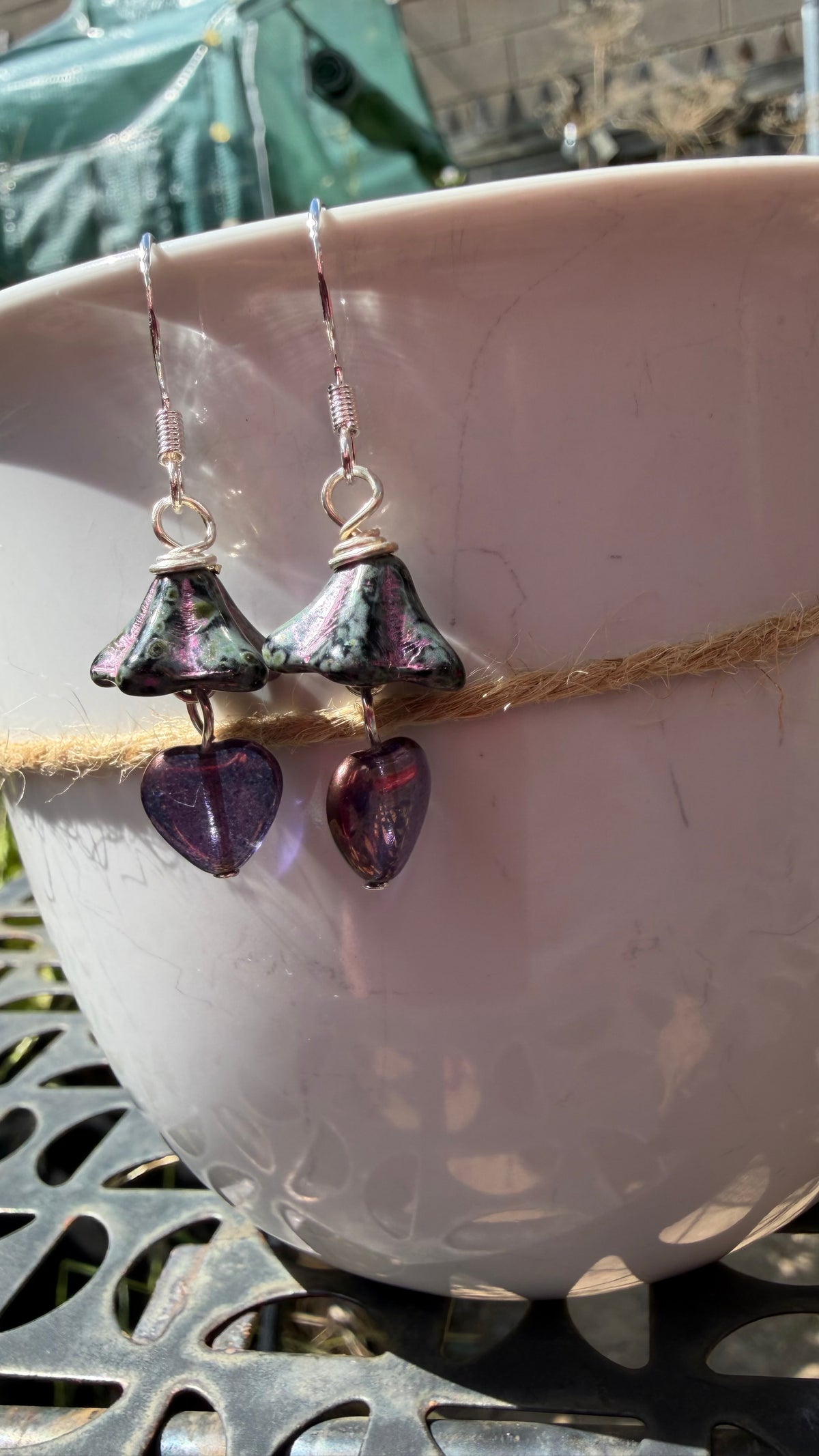 Purple Bellflower Heart Drops | Fuchsia Accent Czech Glass Dangle Earrings